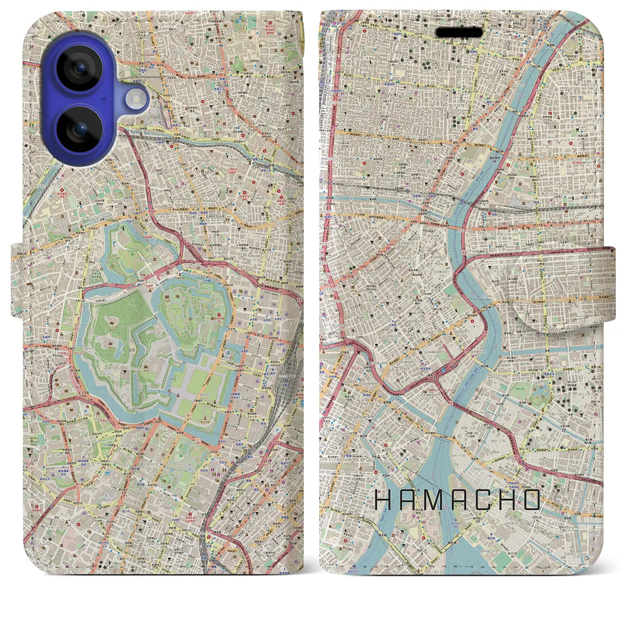 【浜町(東京都)】地図柄iPhoneケース(手帳タイプ)ナチュラル・iPhone 16 Pro Max 用