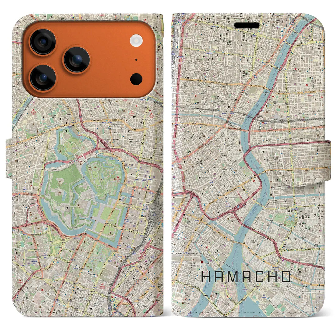 【浜町(東京都)】地図柄iPhoneケース(手帳タイプ)ナチュラル・iPhone 17 Pro Max 用