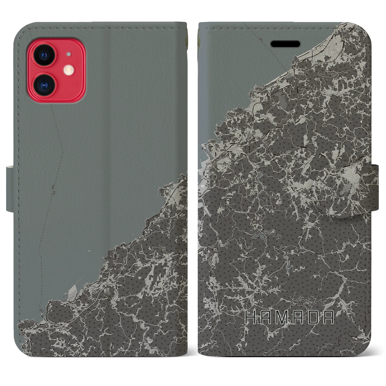 【浜田(島根県)】地図柄iPhoneケース(手帳タイプ)モノトーン・iPhone 11 用