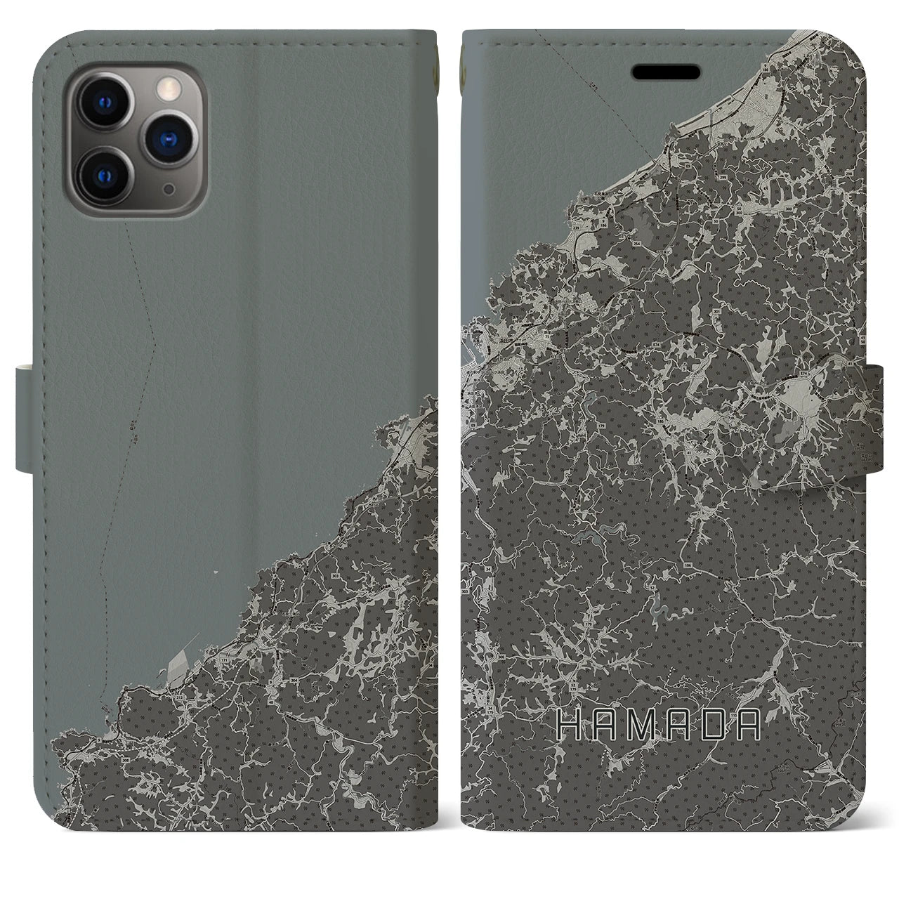 【浜田(島根県)】地図柄iPhoneケース(手帳タイプ)モノトーン・iPhone 11 Pro Max 用