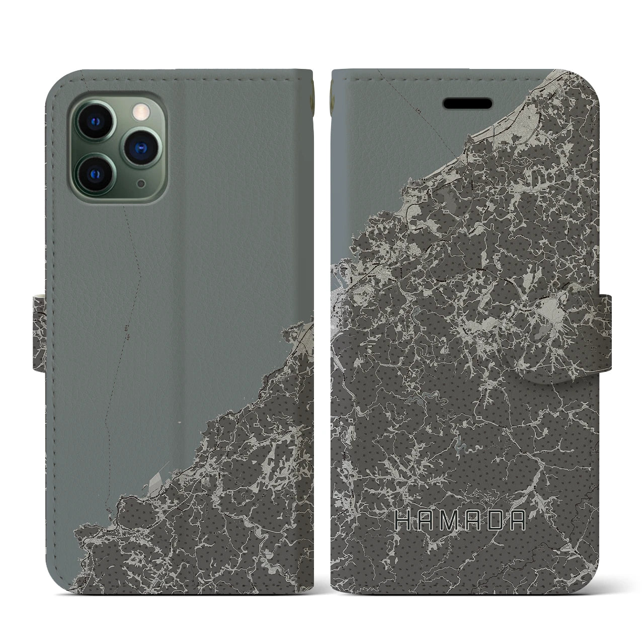 【浜田(島根県)】地図柄iPhoneケース(手帳タイプ)モノトーン・iPhone 11 Pro 用