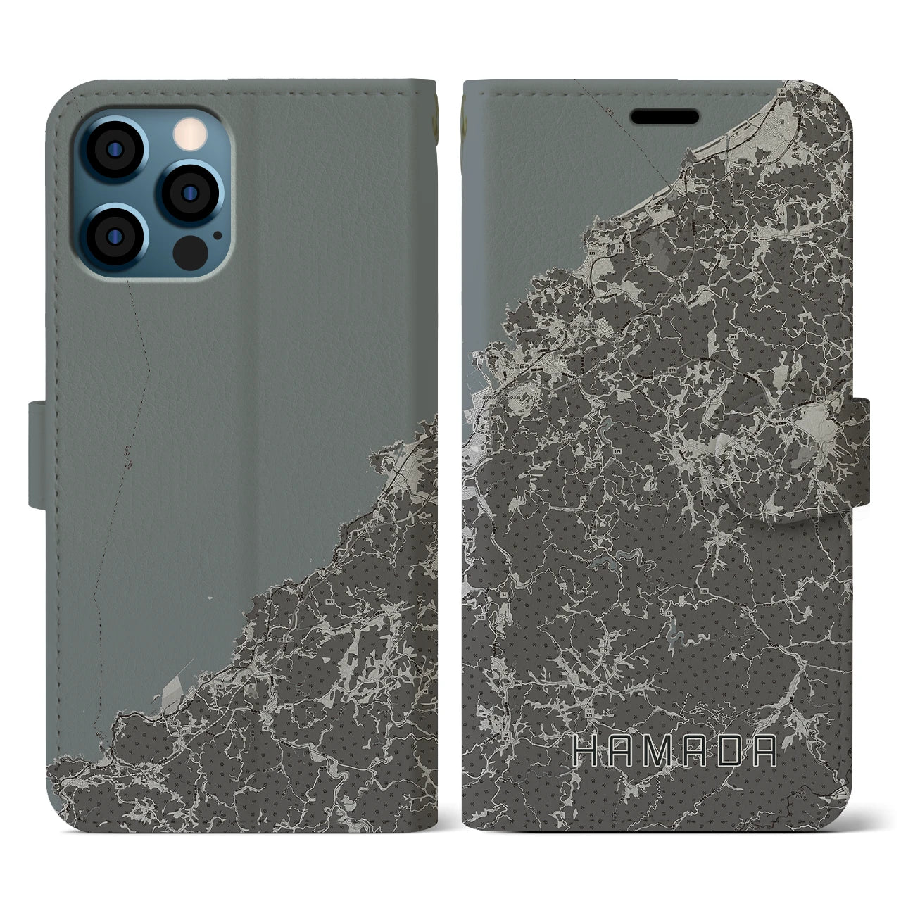 【浜田(島根県)】地図柄iPhoneケース(手帳タイプ)モノトーン・iPhone 12 / 12 Pro 用