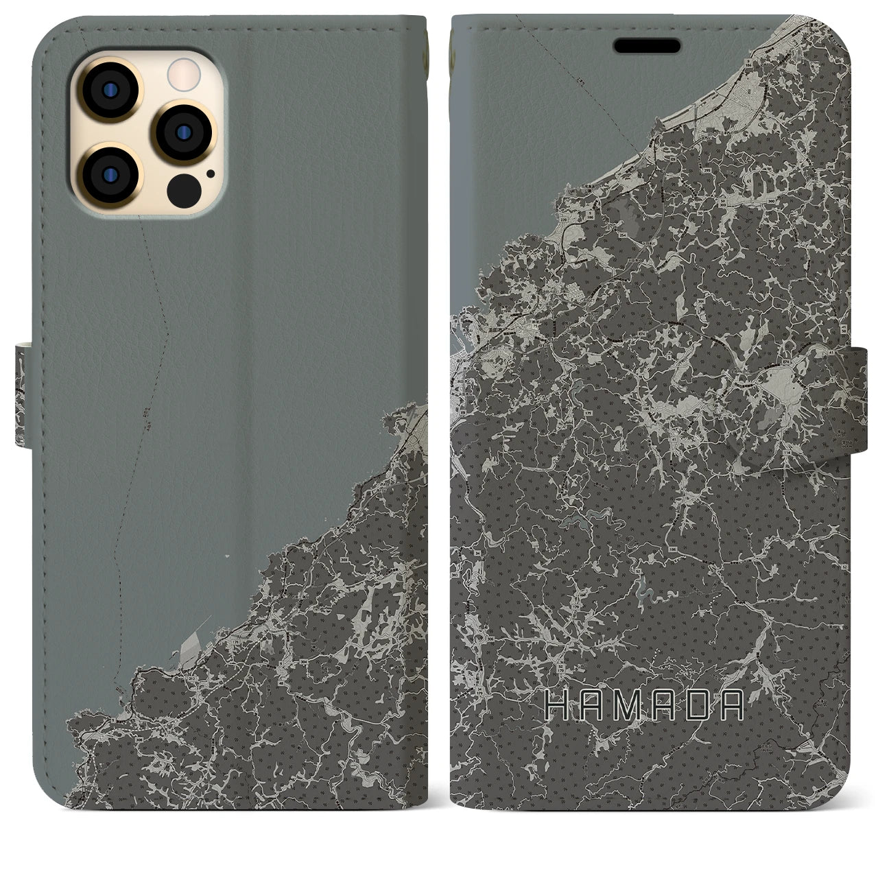 【浜田(島根県)】地図柄iPhoneケース(手帳タイプ)モノトーン・iPhone 12 Pro Max 用