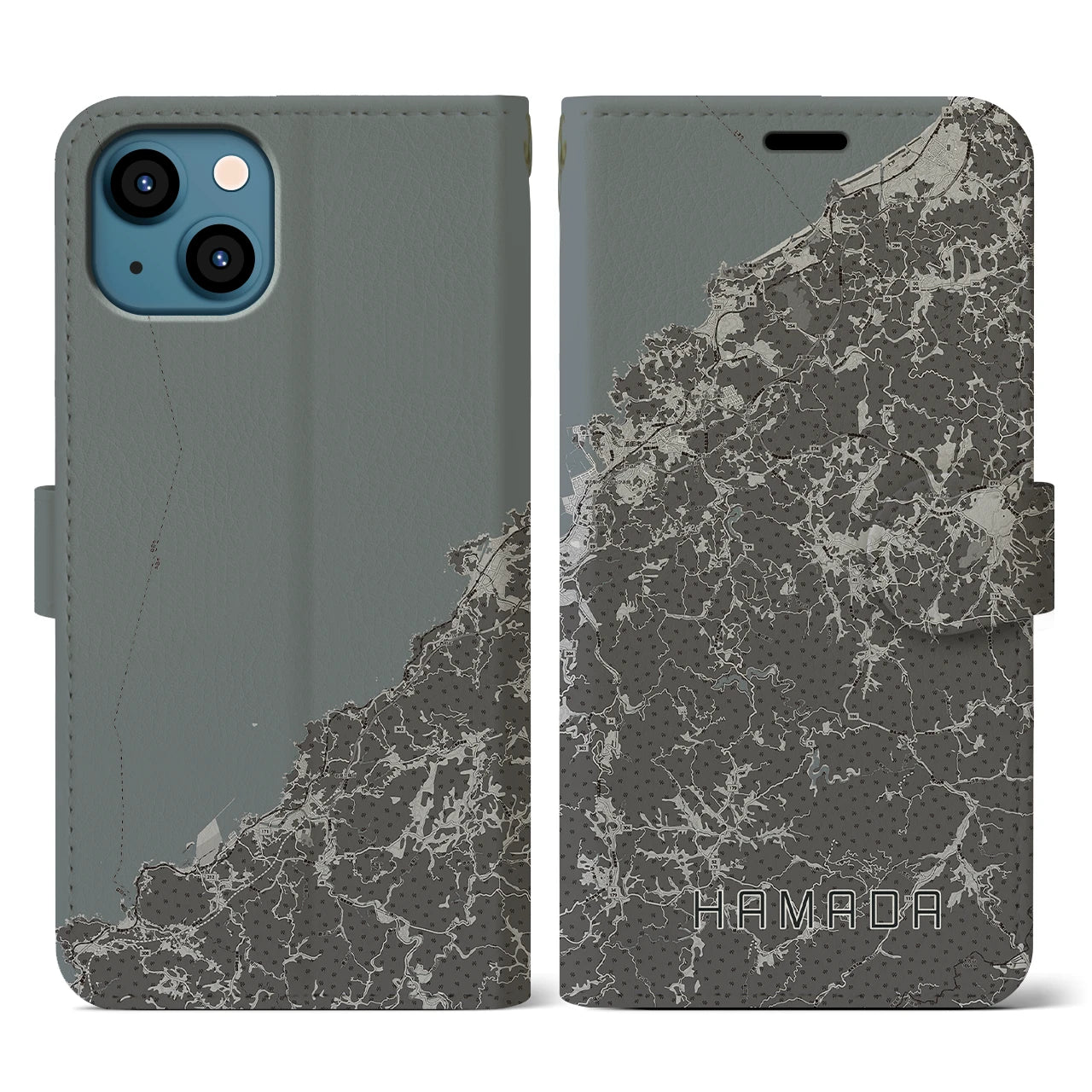 【浜田(島根県)】地図柄iPhoneケース(手帳タイプ)モノトーン・iPhone 13 用