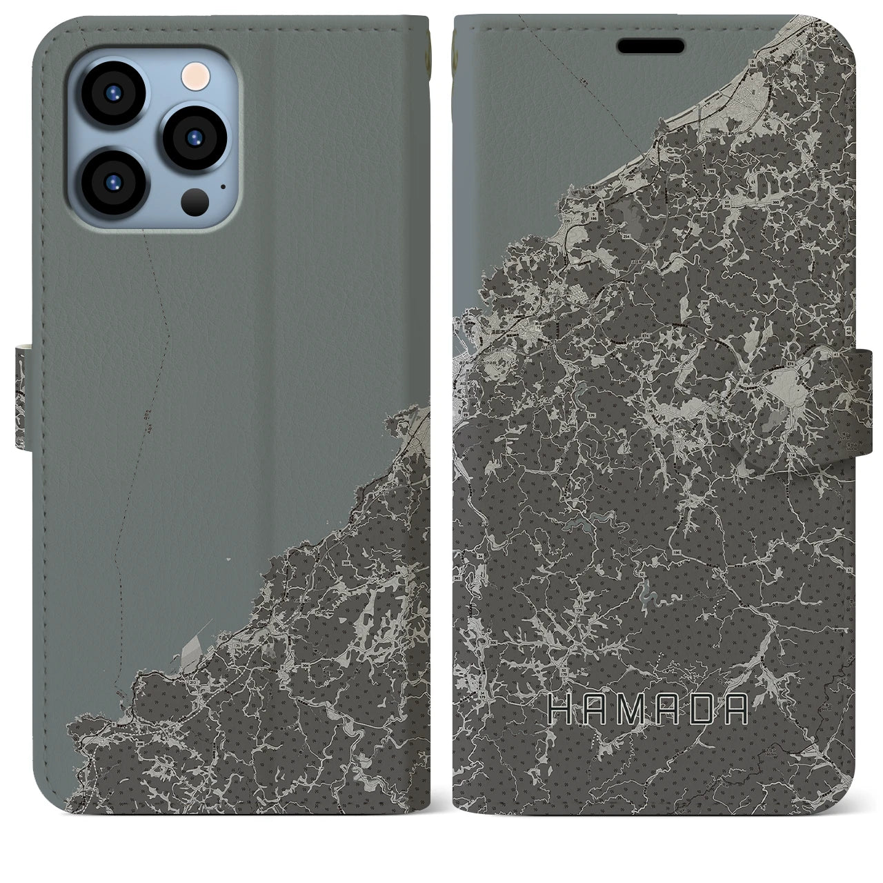 【浜田(島根県)】地図柄iPhoneケース(手帳タイプ)モノトーン・iPhone 13 Pro Max 用