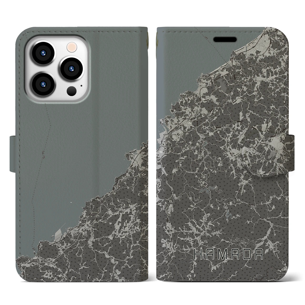 【浜田(島根県)】地図柄iPhoneケース(手帳タイプ)モノトーン・iPhone 13 Pro 用