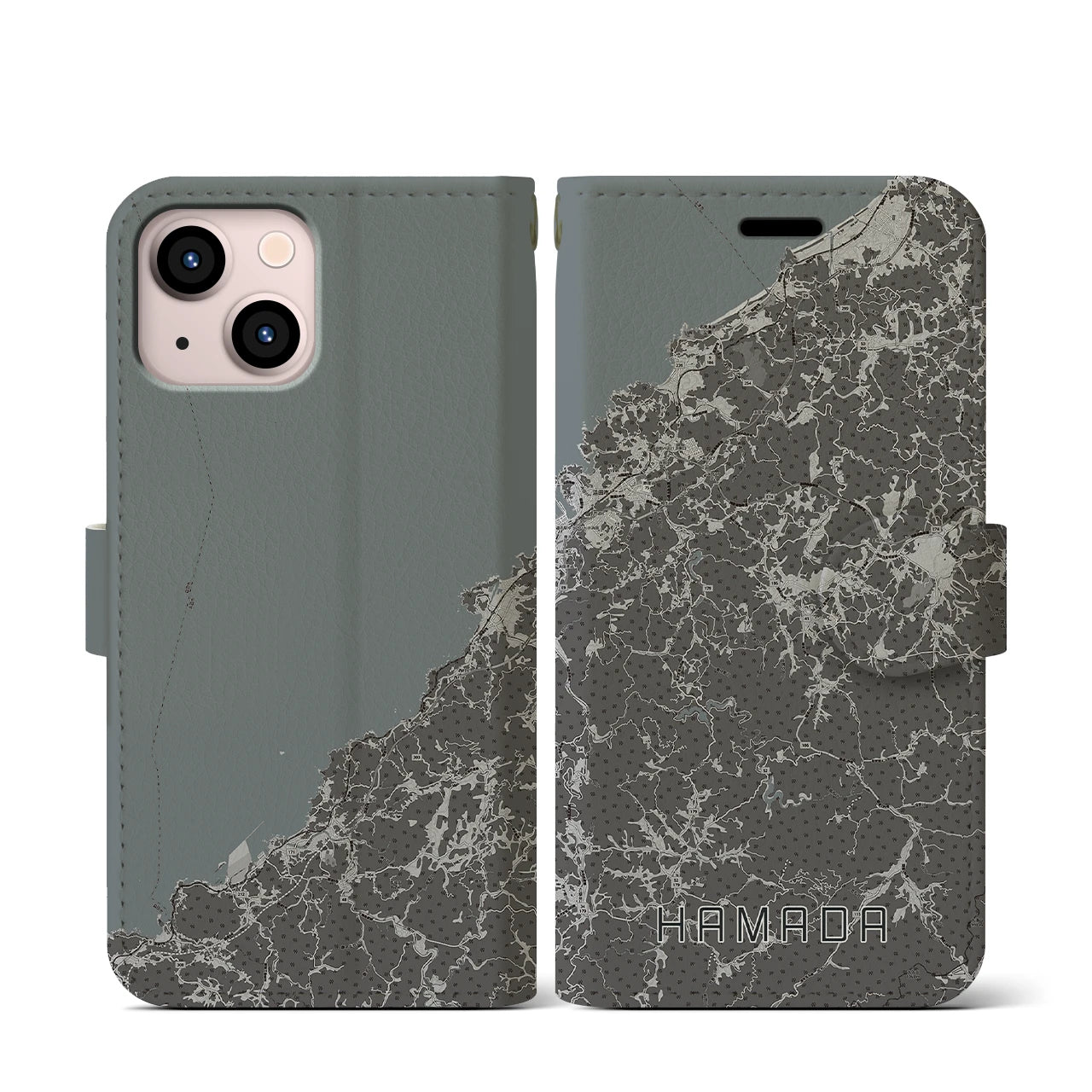 【浜田(島根県)】地図柄iPhoneケース(手帳タイプ)モノトーン・iPhone 13 mini 用