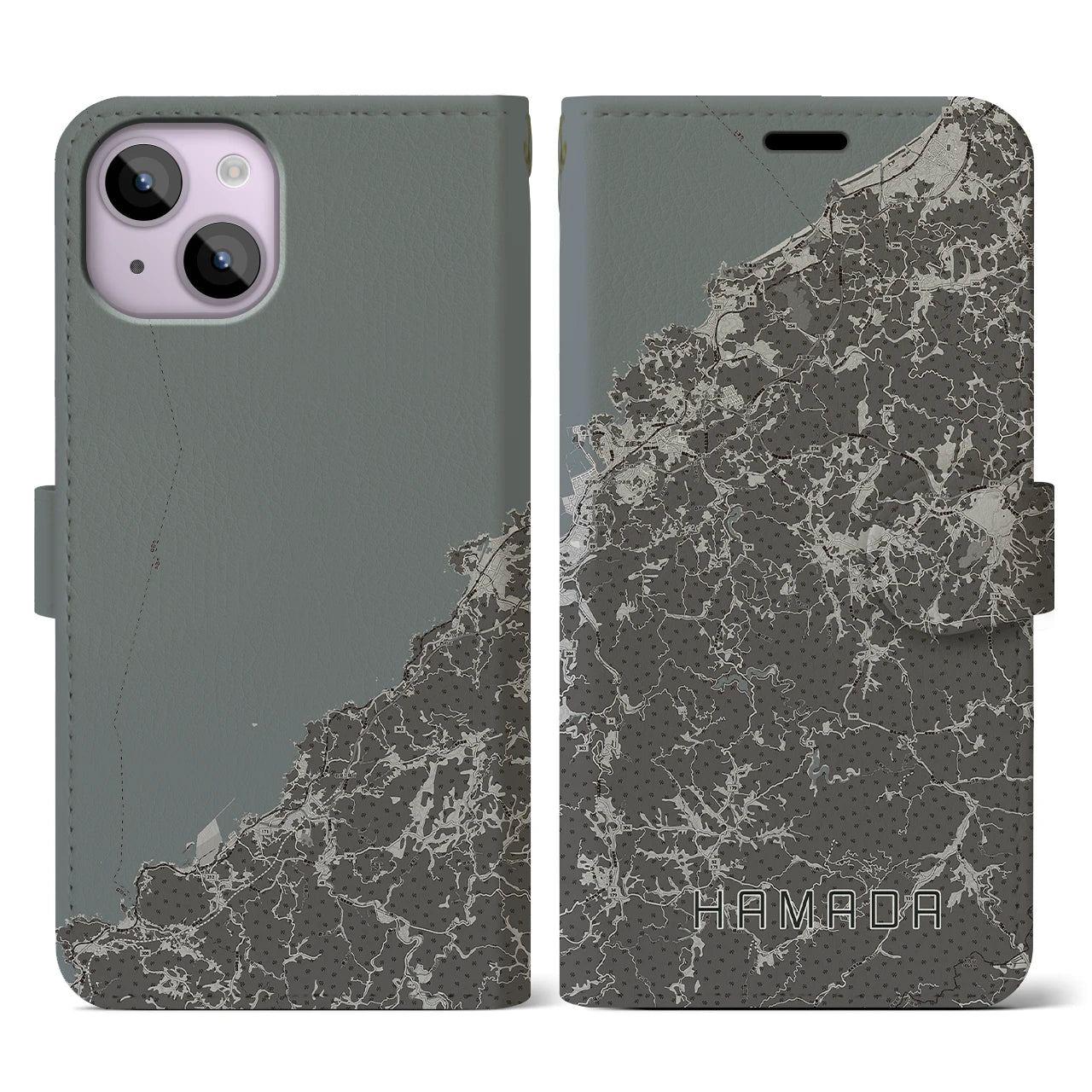 【浜田(島根県)】地図柄iPhoneケース(手帳タイプ)モノトーン・iPhone 14 用