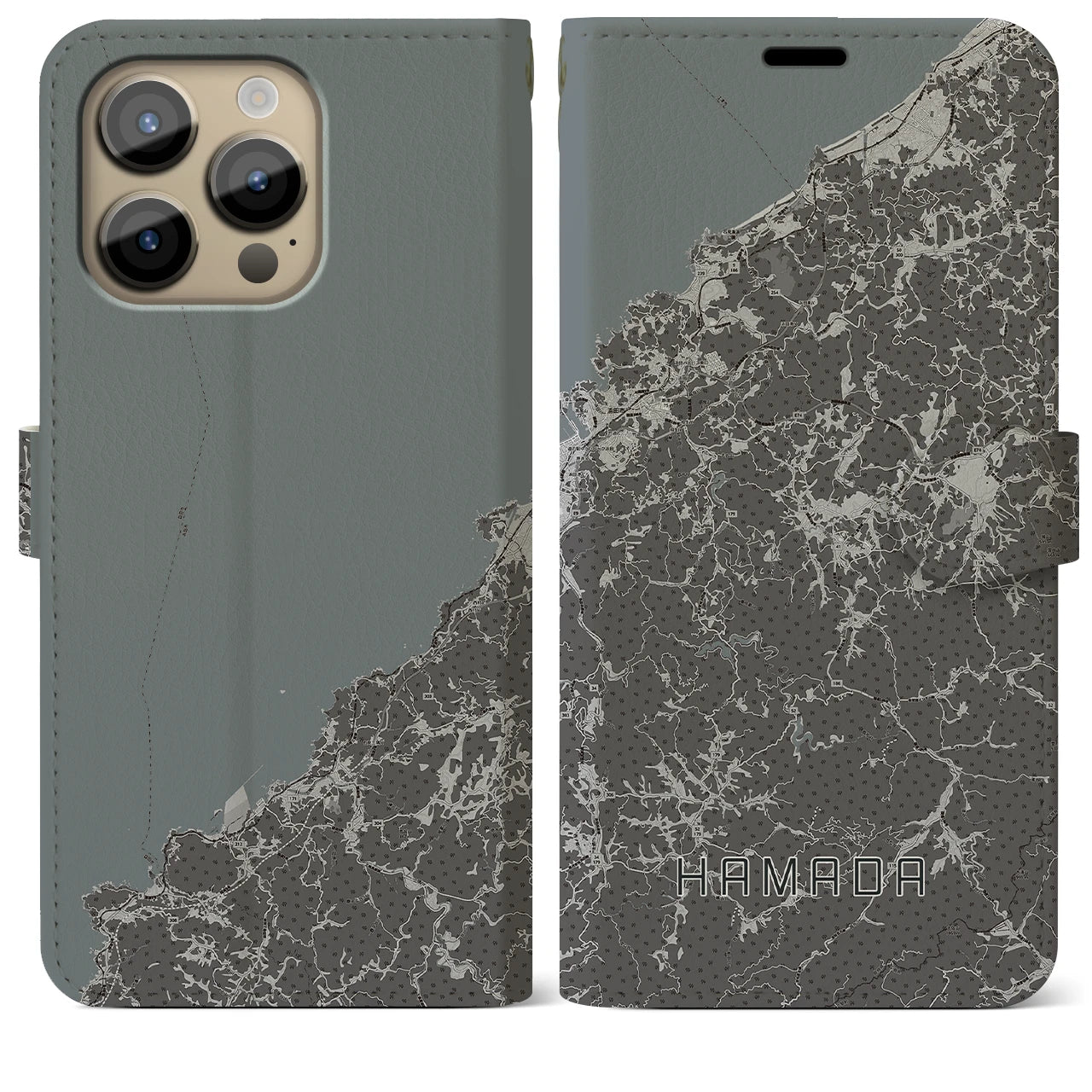 【浜田(島根県)】地図柄iPhoneケース(手帳タイプ)モノトーン・iPhone 14 Pro Max 用