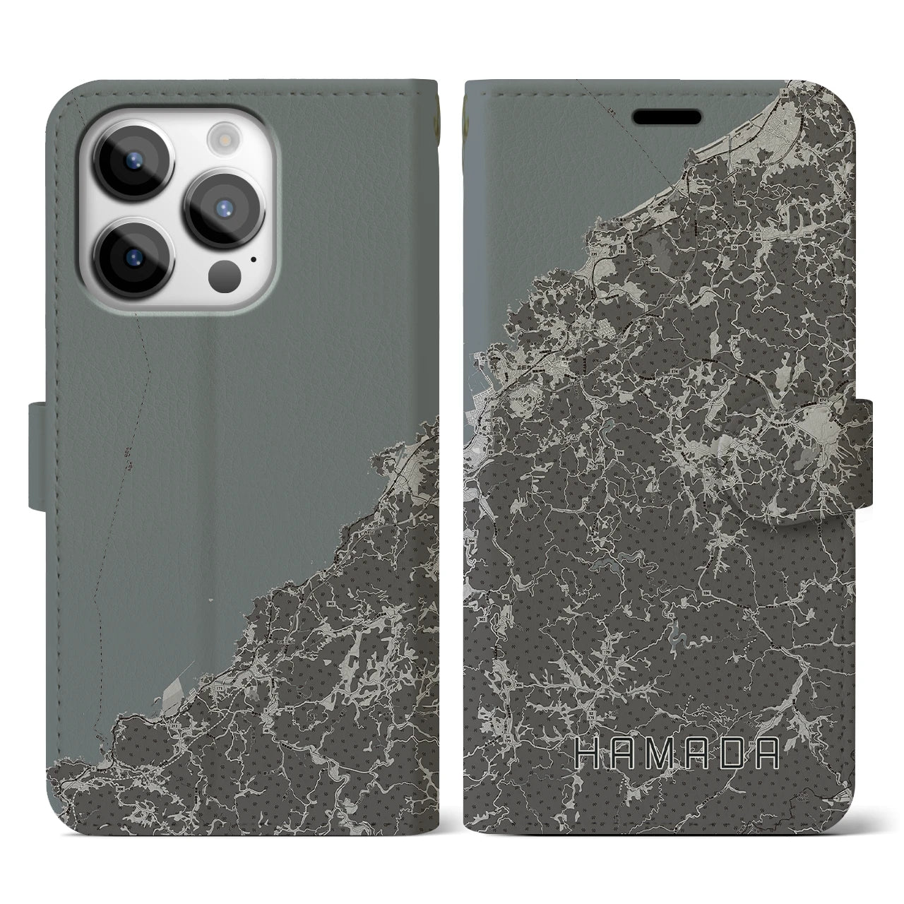 【浜田(島根県)】地図柄iPhoneケース(手帳タイプ)モノトーン・iPhone 14 Pro 用