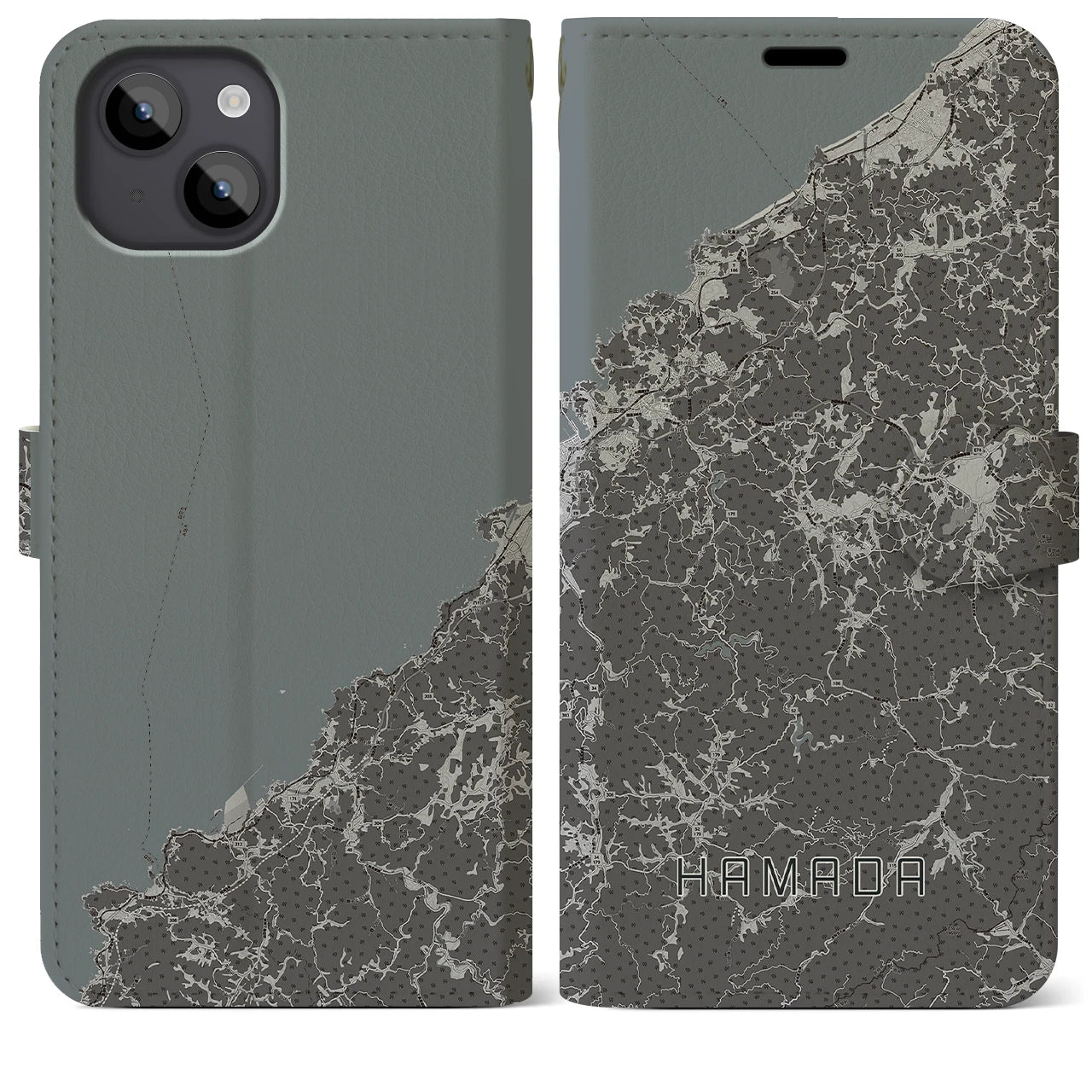 【浜田(島根県)】地図柄iPhoneケース(手帳タイプ)モノトーン・iPhone 14 Plus 用