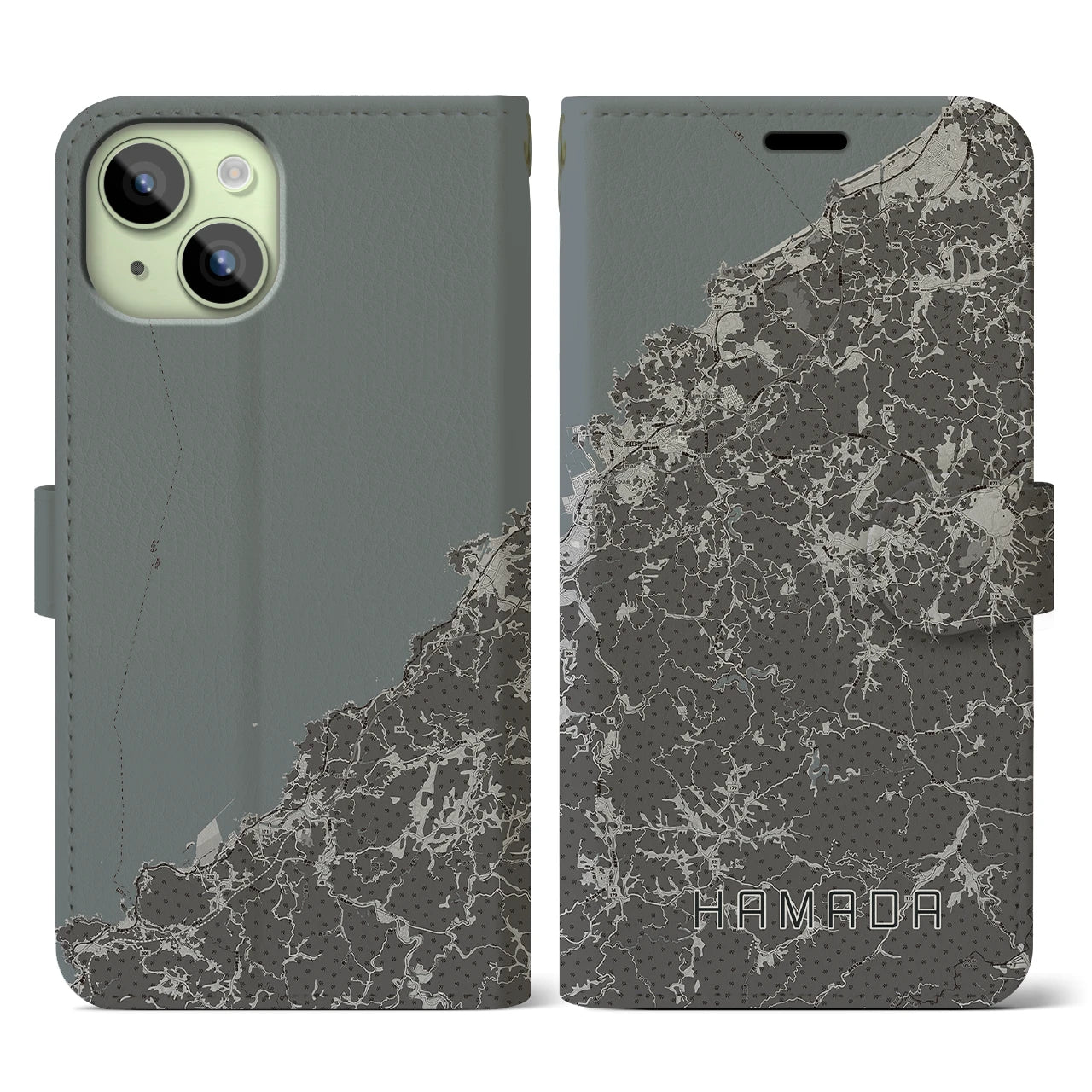 【浜田(島根県)】地図柄iPhoneケース(手帳タイプ)モノトーン・iPhone 15 用