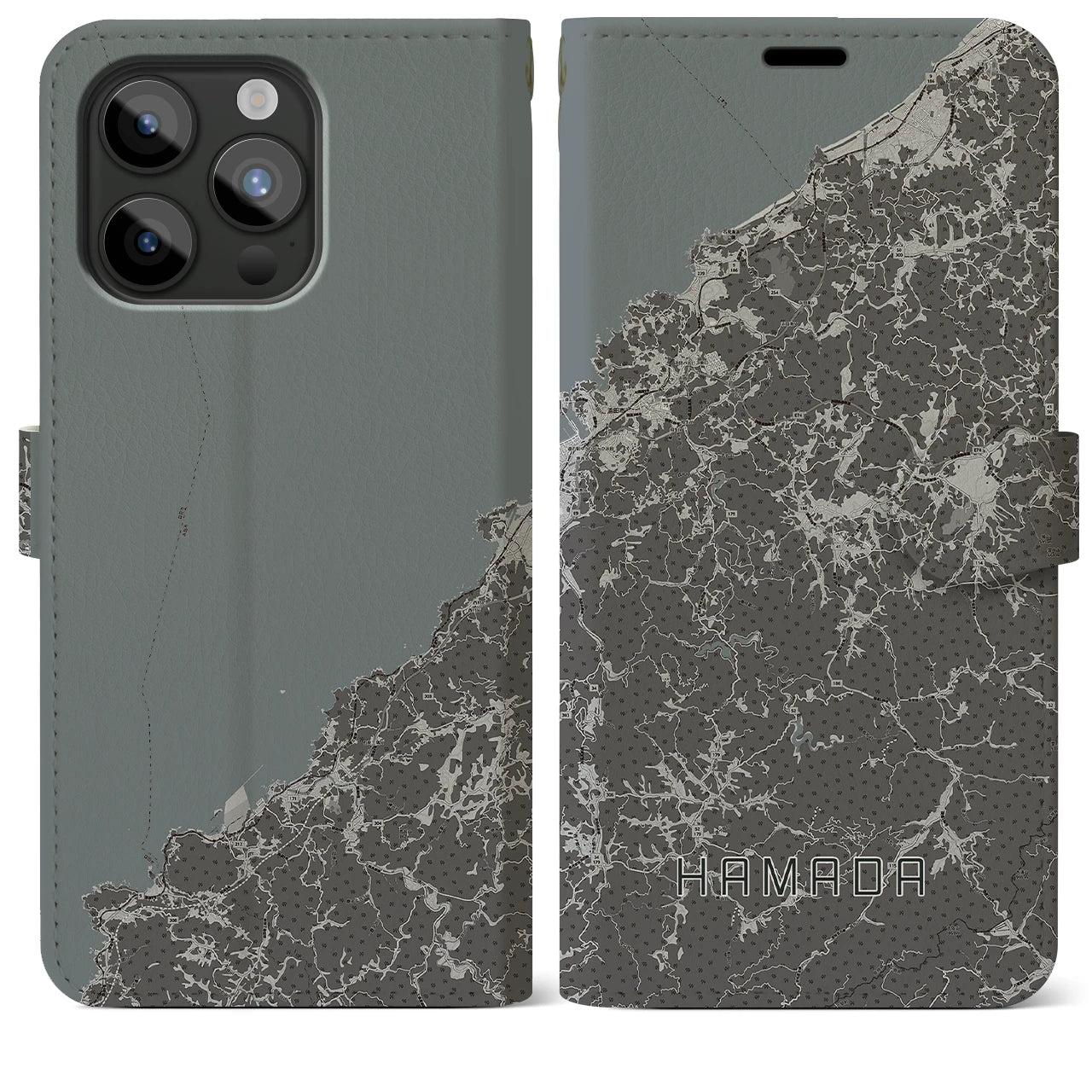 【浜田(島根県)】地図柄iPhoneケース(手帳タイプ)モノトーン・iPhone 15 Pro Max 用