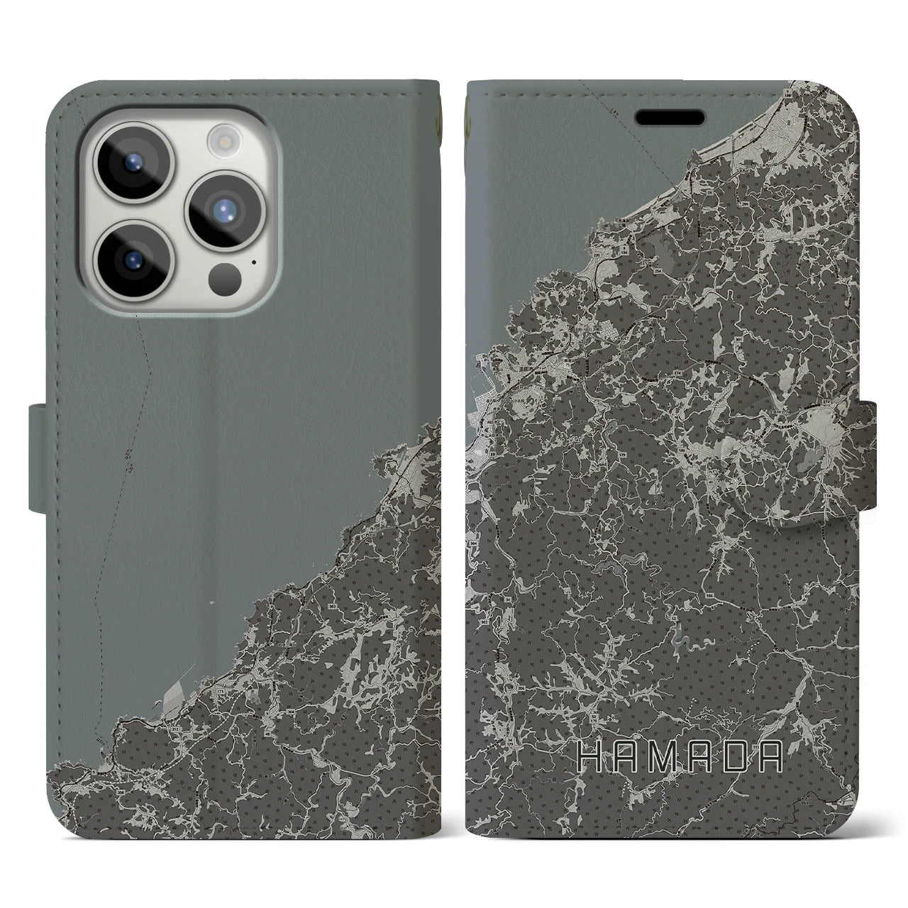 【浜田(島根県)】地図柄iPhoneケース(手帳タイプ)モノトーン・iPhone 15 Pro 用