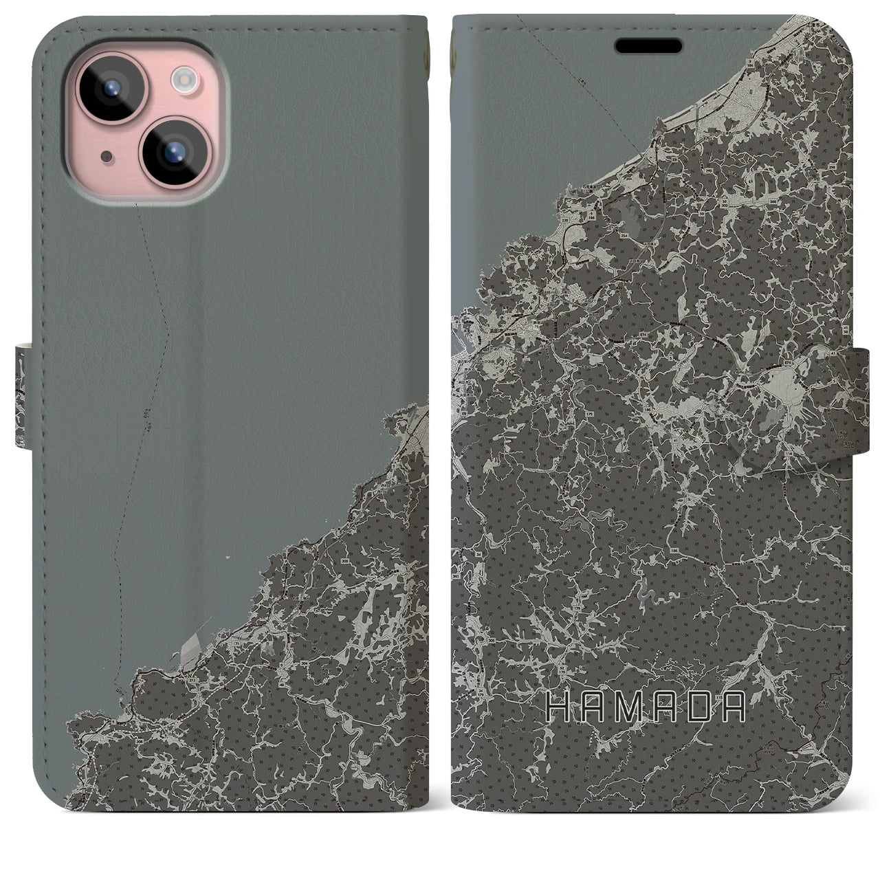 【浜田(島根県)】地図柄iPhoneケース(手帳タイプ)モノトーン・iPhone 15 Plus 用