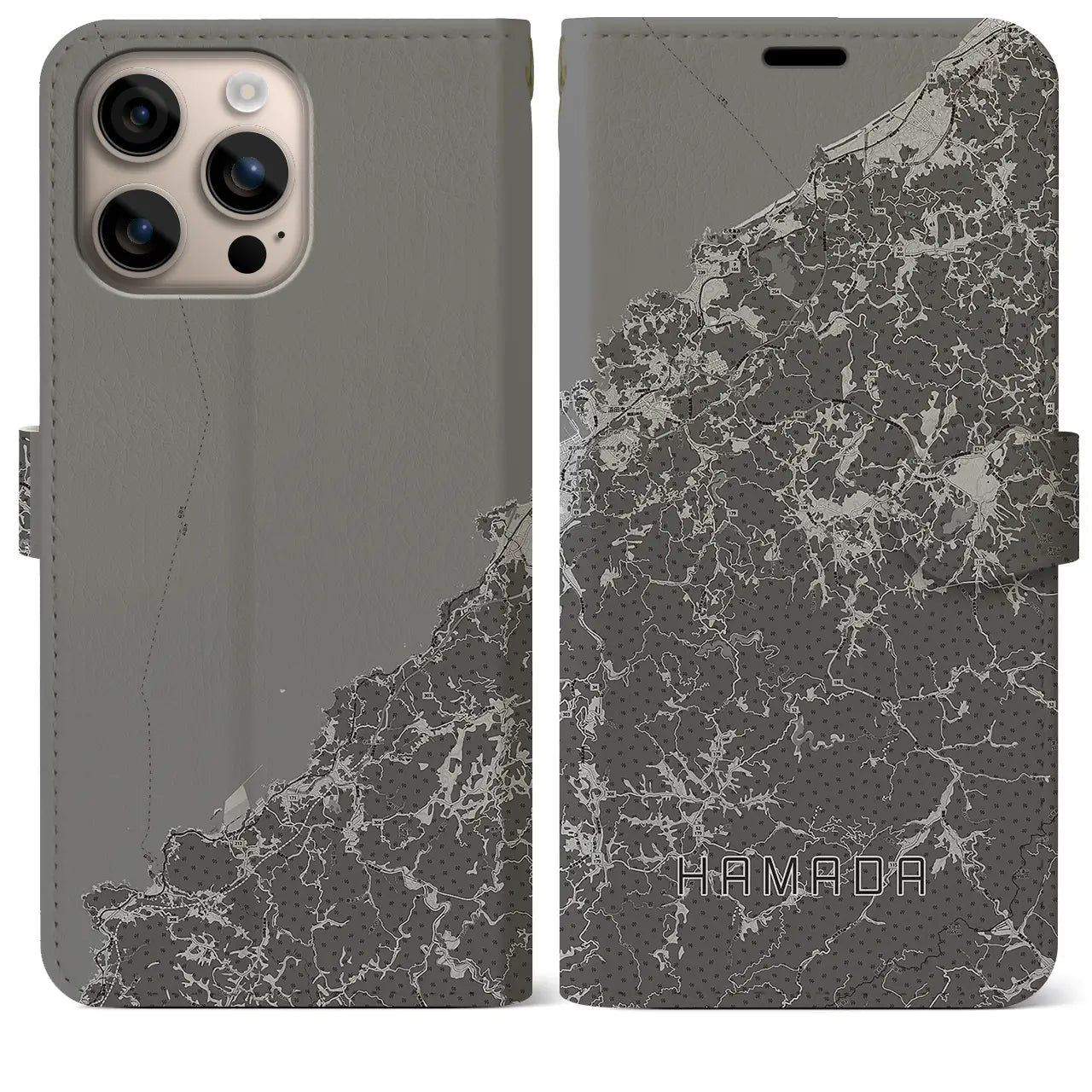 【浜田(島根県)】地図柄iPhoneケース(手帳タイプ)モノトーン・iPhone 16 Plus 用