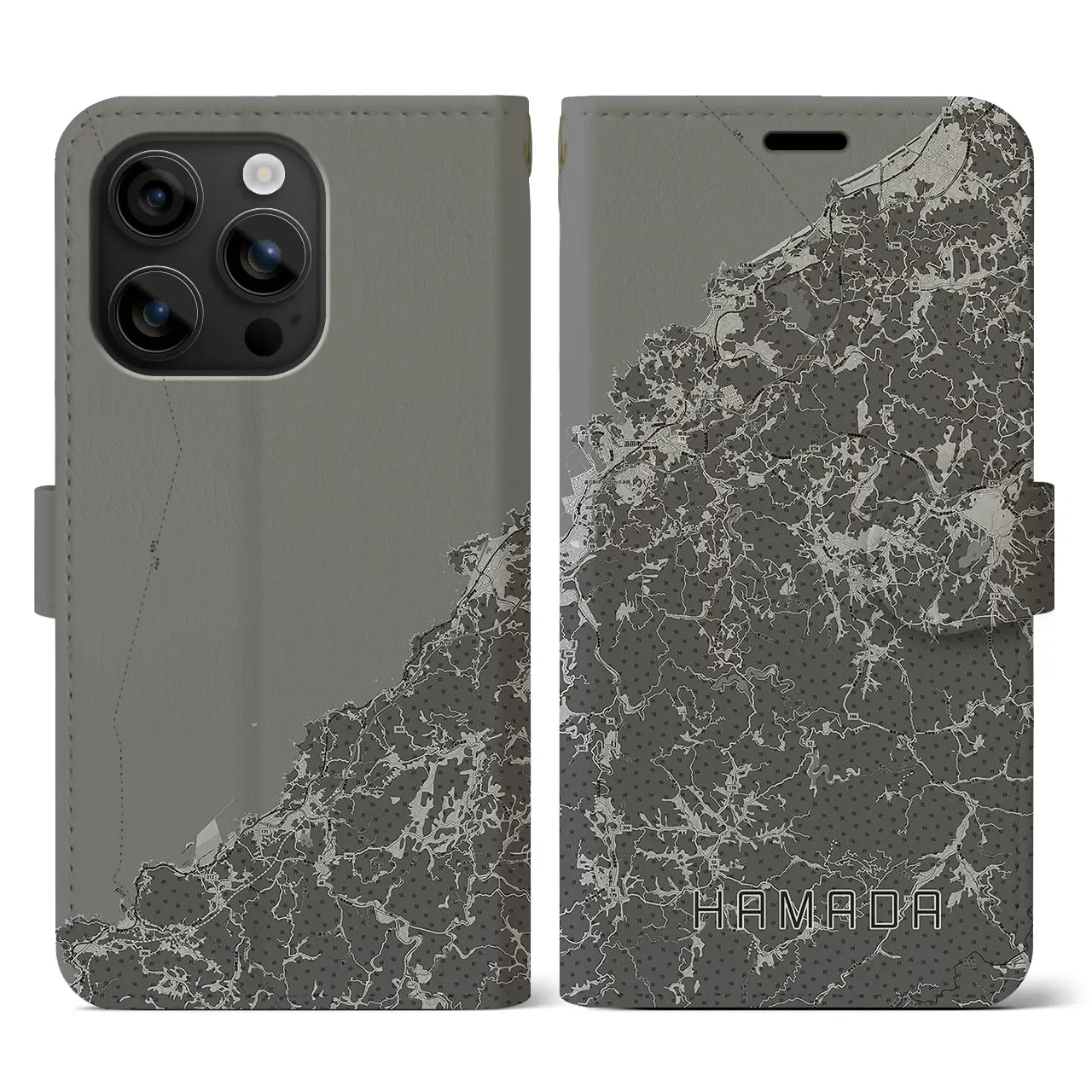 【浜田(島根県)】地図柄iPhoneケース(手帳タイプ)モノトーン・iPhone 16 用