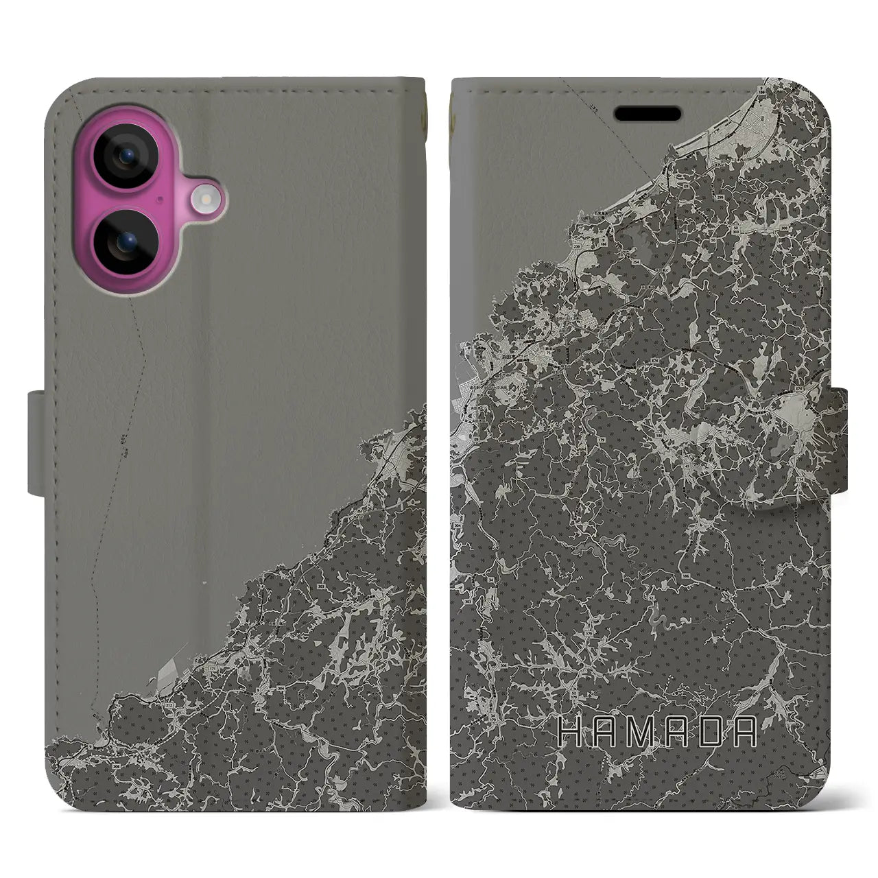 【浜田(島根県)】地図柄iPhoneケース(手帳タイプ)モノトーン・iPhone 16 Pro 用