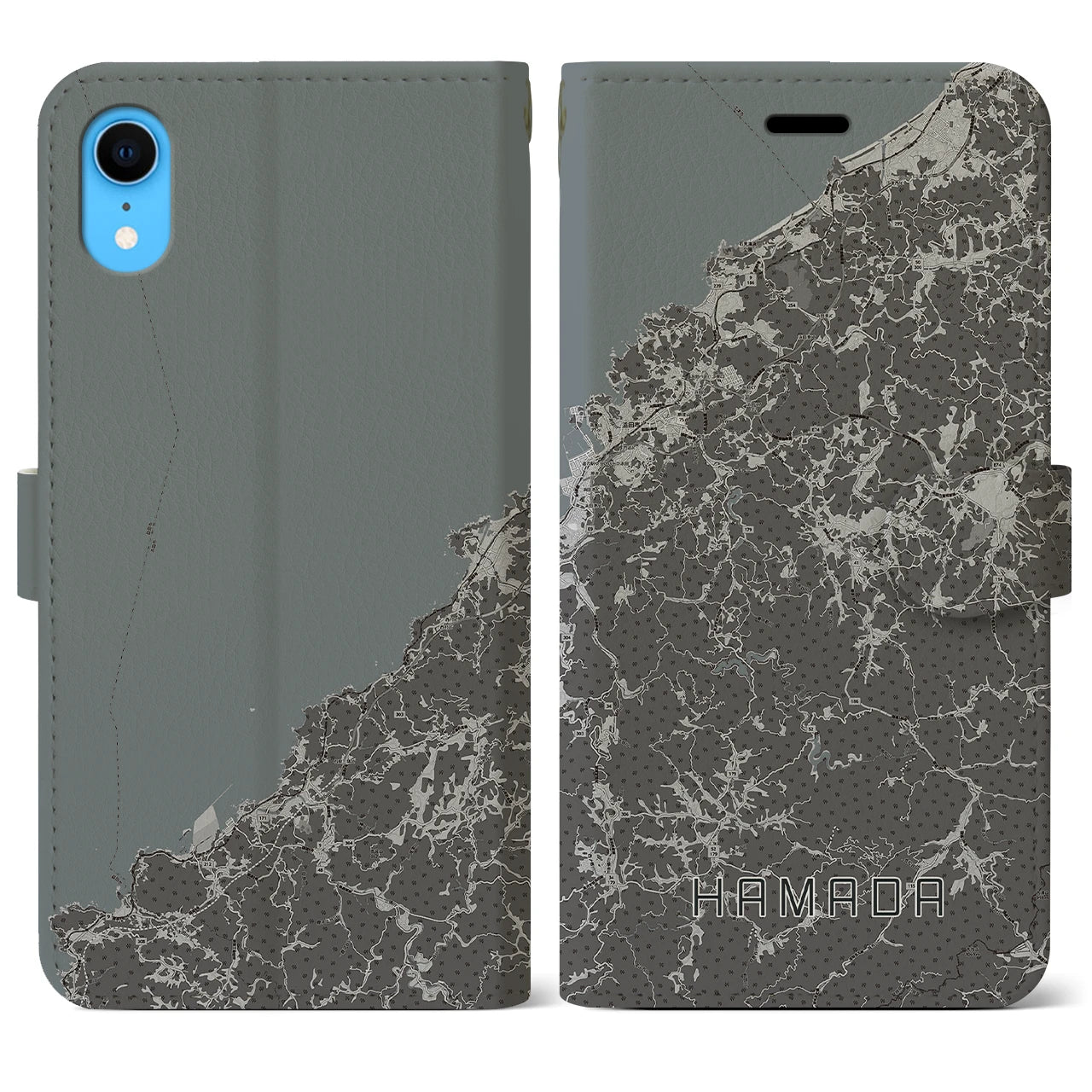 【浜田(島根県)】地図柄iPhoneケース(手帳タイプ)モノトーン・iPhone XR 用