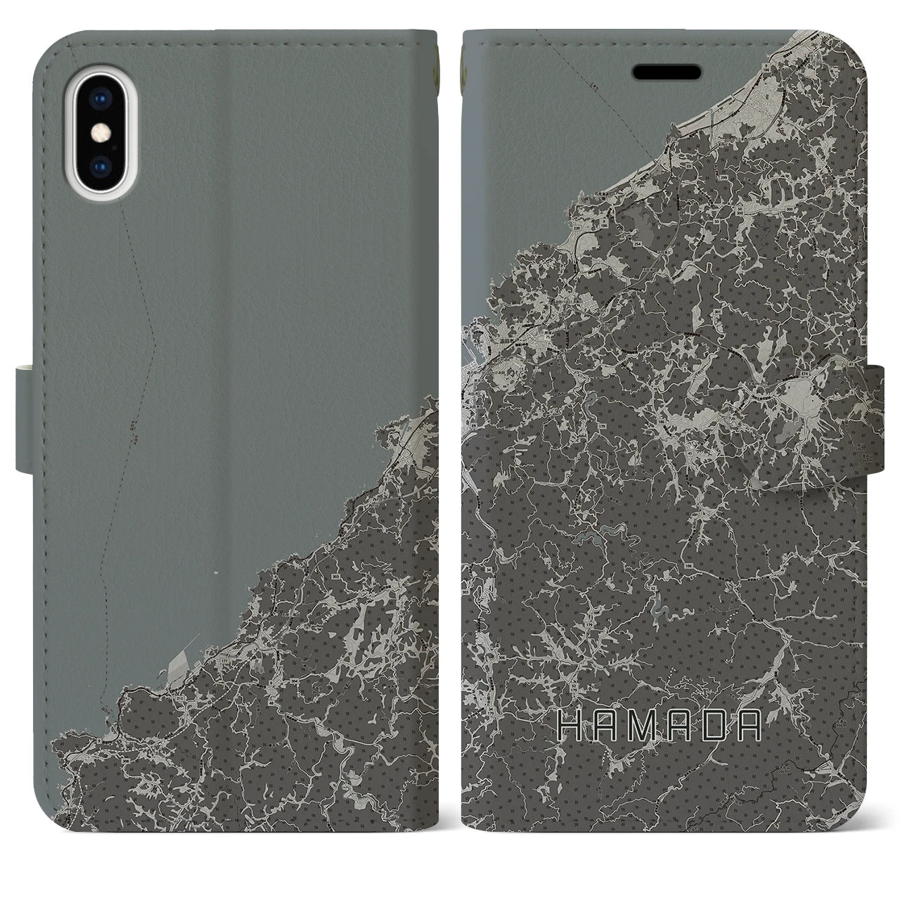 【浜田(島根県)】地図柄iPhoneケース(手帳タイプ)モノトーン・iPhone XS Max 用