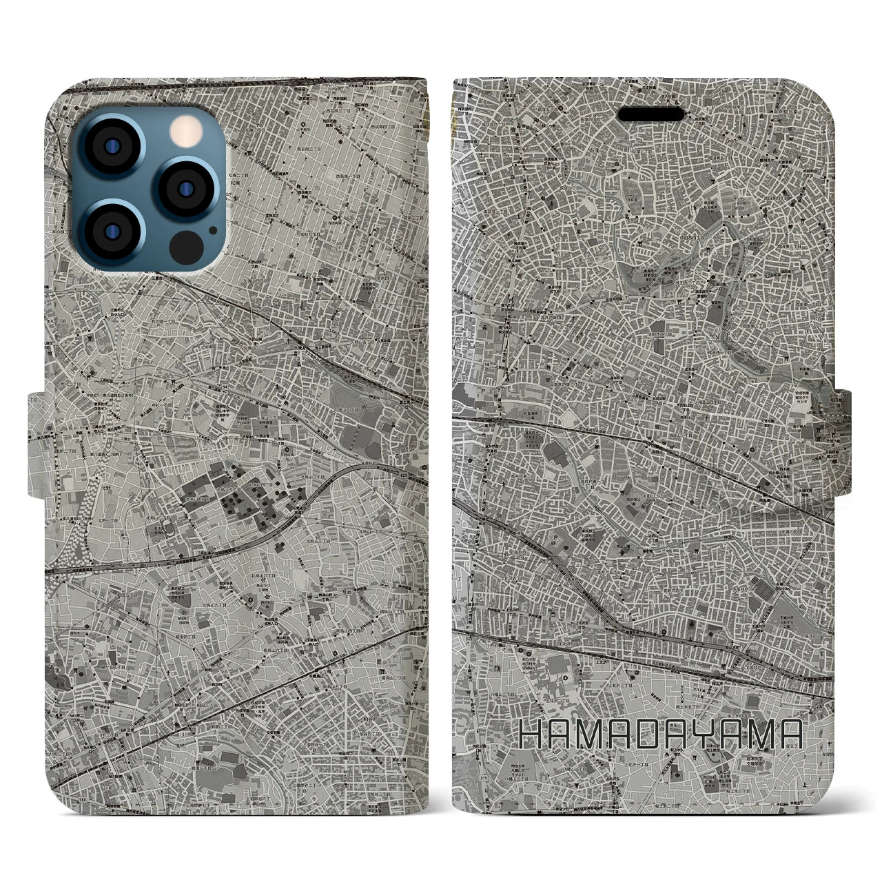【浜田山(東京都)】地図柄iPhoneケース(手帳タイプ)モノトーン・iPhone 12 / 12 Pro 用