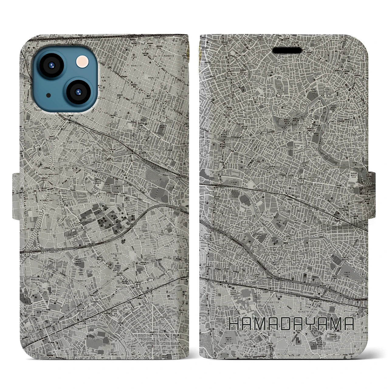 【浜田山(東京都)】地図柄iPhoneケース(手帳タイプ)モノトーン・iPhone 13 用