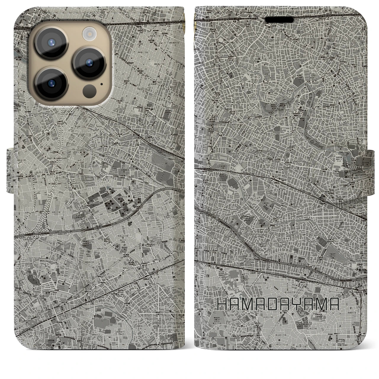 【浜田山(東京都)】地図柄iPhoneケース(手帳タイプ)モノトーン・iPhone 14 Pro Max 用
