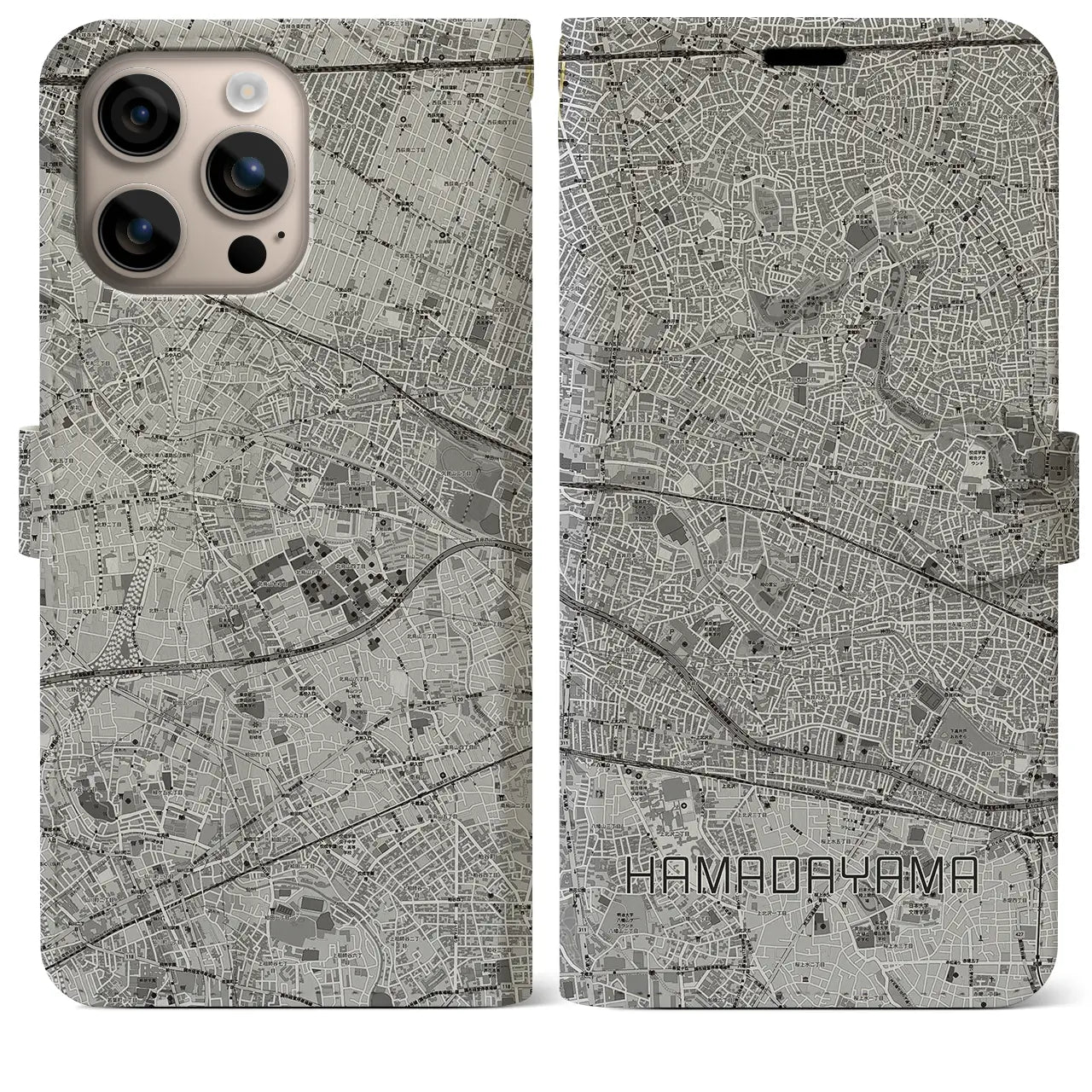 【浜田山(東京都)】地図柄iPhoneケース(手帳タイプ)モノトーン・iPhone 16 Plus 用