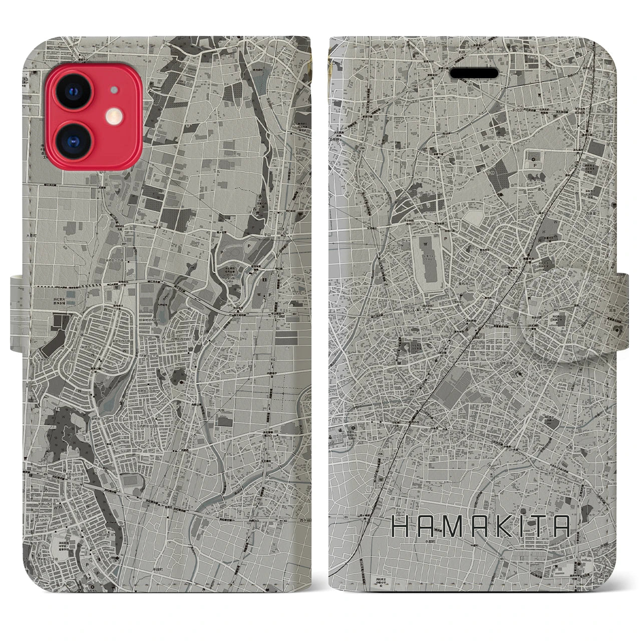 【浜北(静岡県)】地図柄iPhoneケース(手帳タイプ)モノトーン・iPhone 11 用
