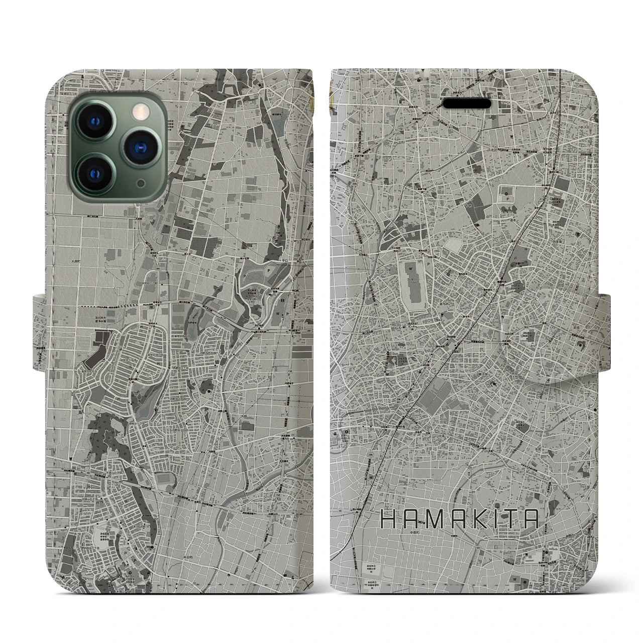 【浜北(静岡県)】地図柄iPhoneケース(手帳タイプ)モノトーン・iPhone 11 Pro 用
