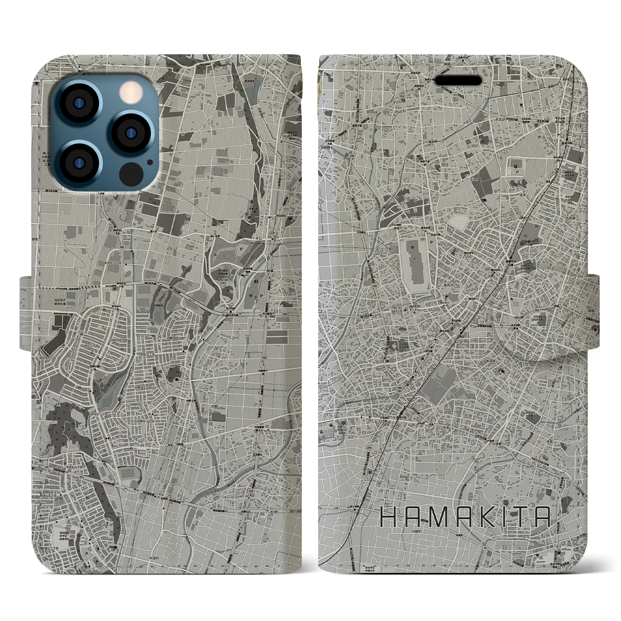 【浜北(静岡県)】地図柄iPhoneケース(手帳タイプ)モノトーン・iPhone 12 / 12 Pro 用