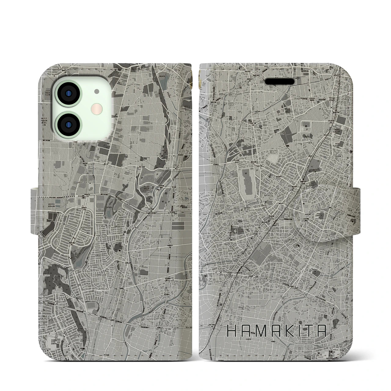 【浜北(静岡県)】地図柄iPhoneケース(手帳タイプ)モノトーン・iPhone 12 mini 用
