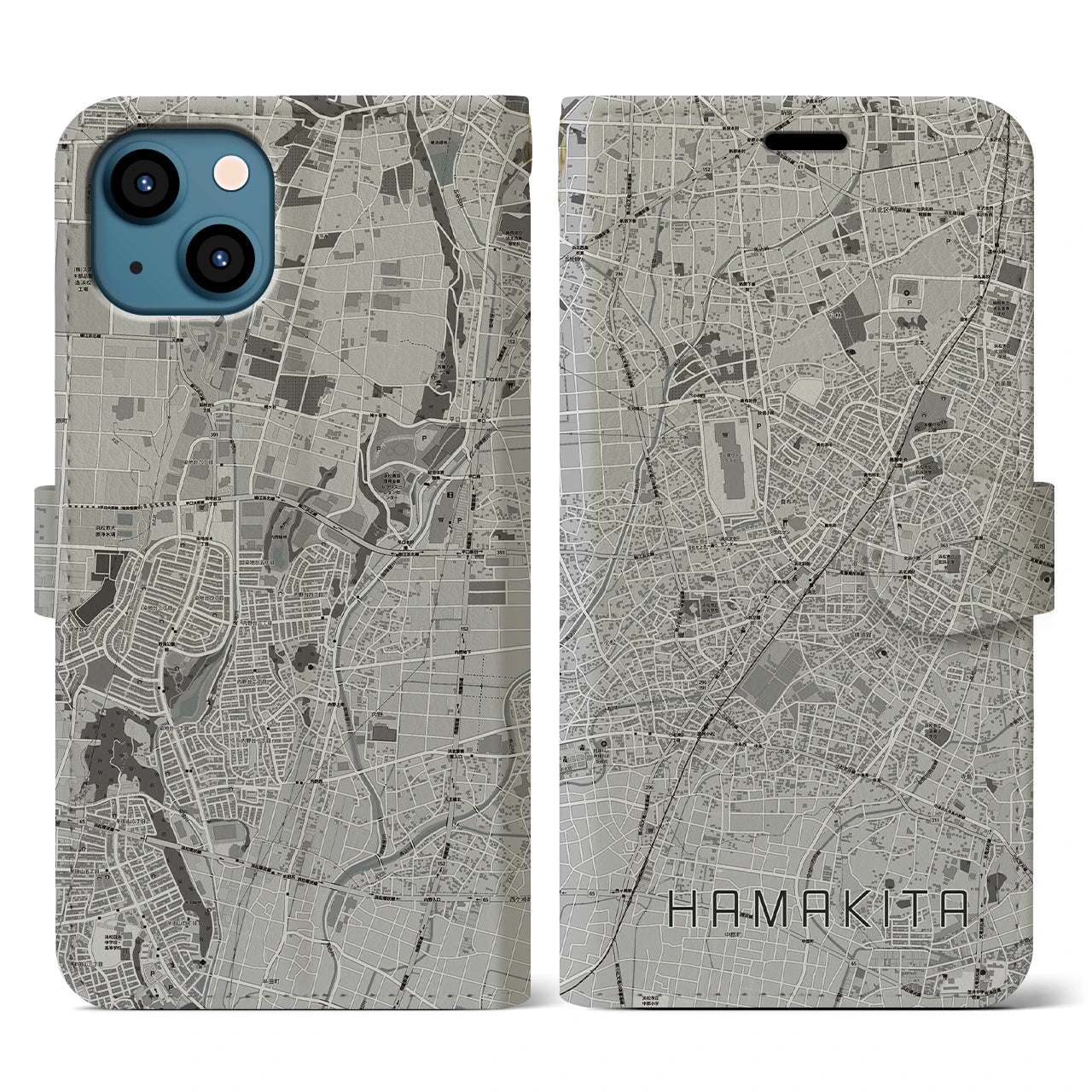 【浜北(静岡県)】地図柄iPhoneケース(手帳タイプ)モノトーン・iPhone 13 用