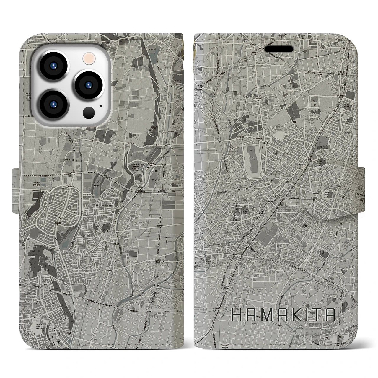 【浜北(静岡県)】地図柄iPhoneケース(手帳タイプ)モノトーン・iPhone 13 Pro 用