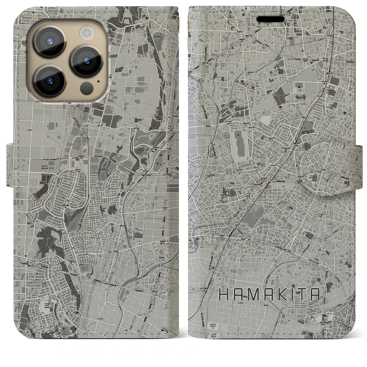 【浜北(静岡県)】地図柄iPhoneケース(手帳タイプ)モノトーン・iPhone 14 Pro Max 用