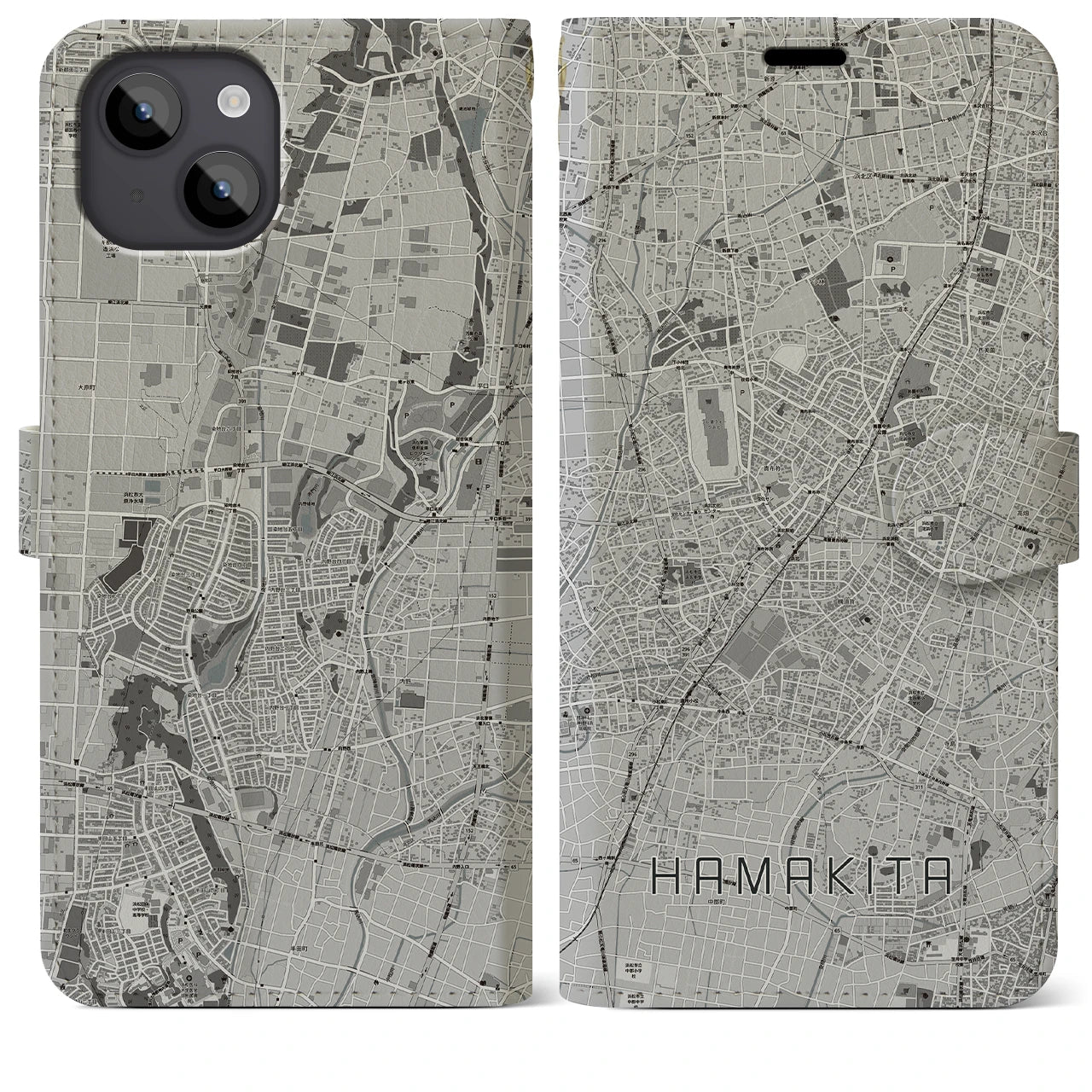 【浜北(静岡県)】地図柄iPhoneケース(手帳タイプ)モノトーン・iPhone 14 Plus 用