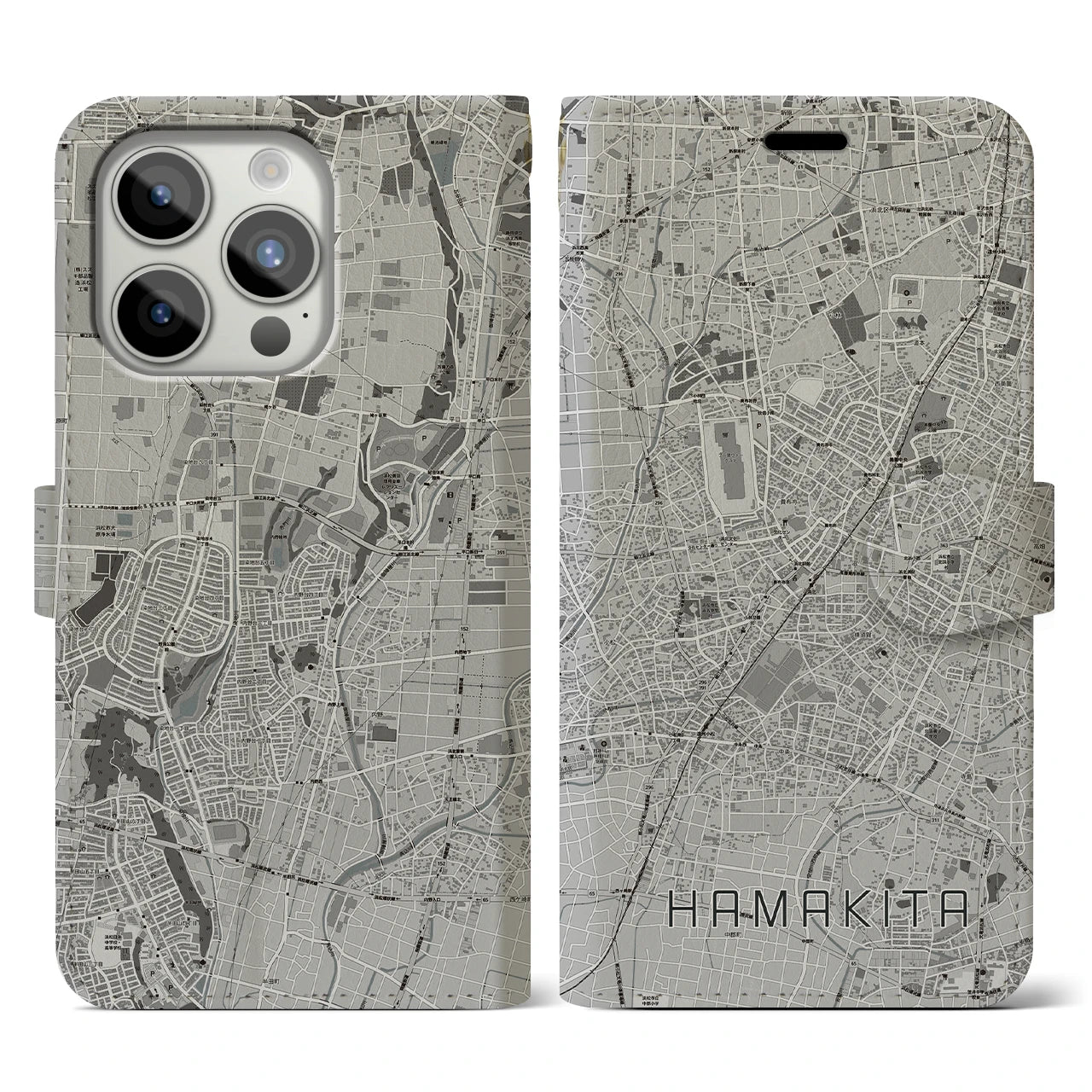 【浜北(静岡県)】地図柄iPhoneケース(手帳タイプ)モノトーン・iPhone 15 Pro 用