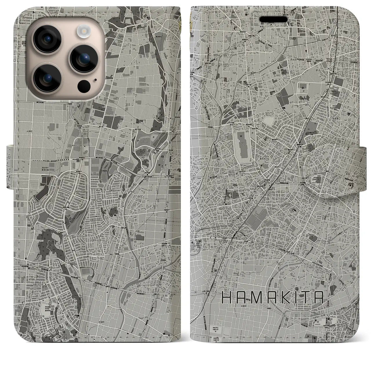 【浜北(静岡県)】地図柄iPhoneケース(手帳タイプ)モノトーン・iPhone 16 Plus 用
