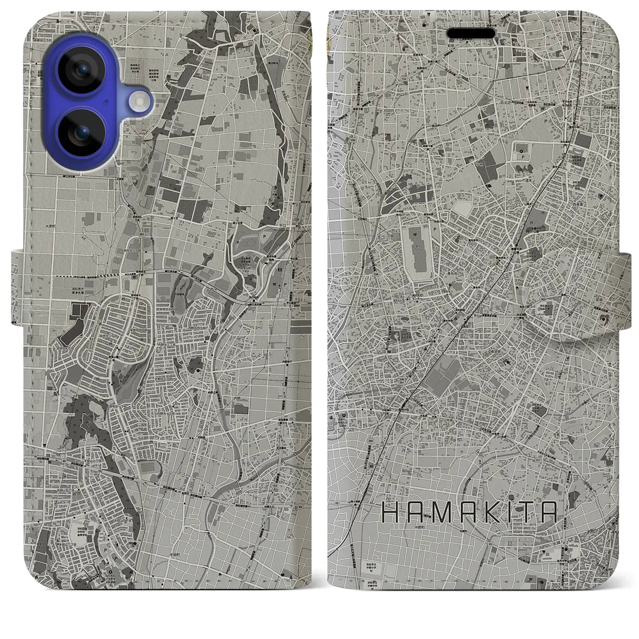 【浜北(静岡県)】地図柄iPhoneケース(手帳タイプ)モノトーン・iPhone 16 Pro Max 用