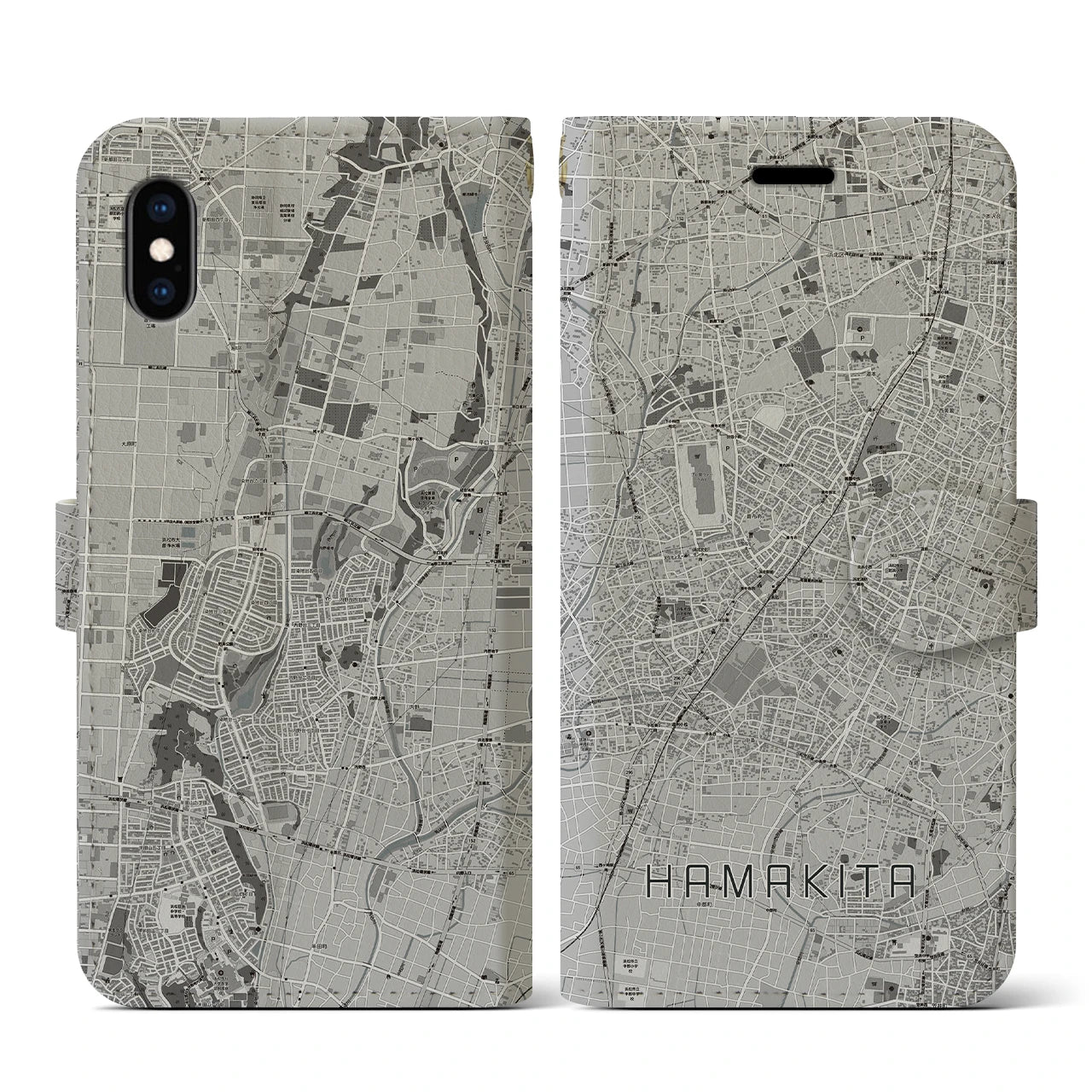 【浜北(静岡県)】地図柄iPhoneケース(手帳タイプ)モノトーン・iPhone XS / X 用