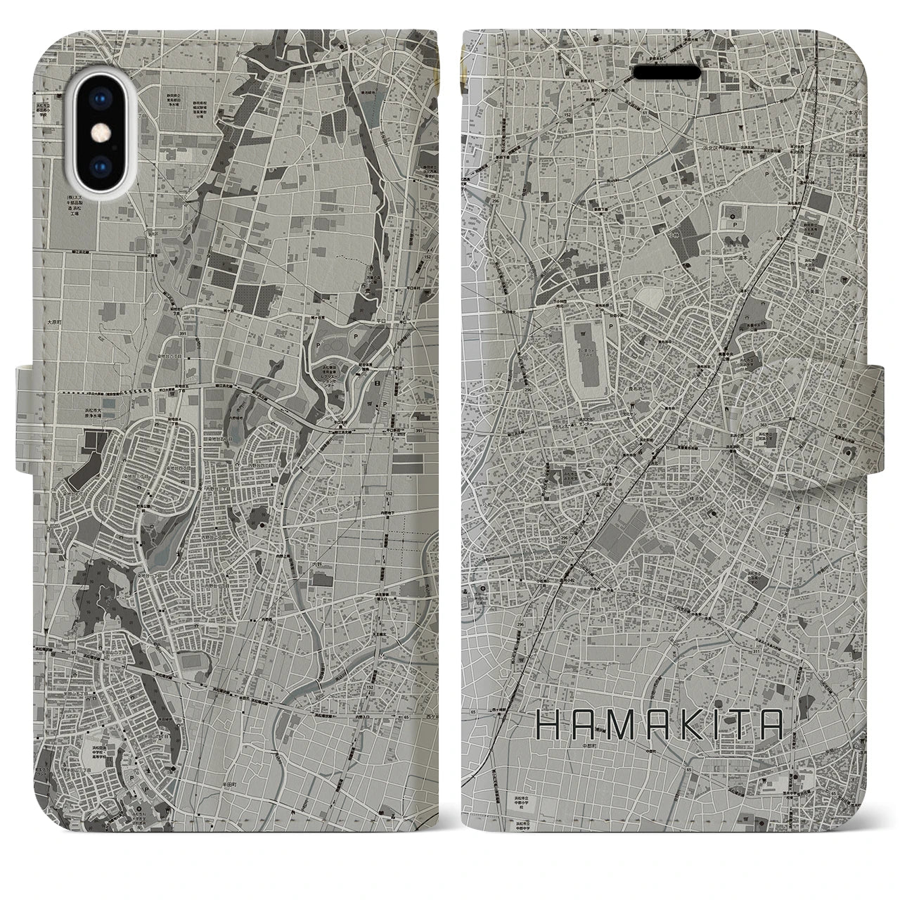 【浜北(静岡県)】地図柄iPhoneケース(手帳タイプ)モノトーン・iPhone XS Max 用