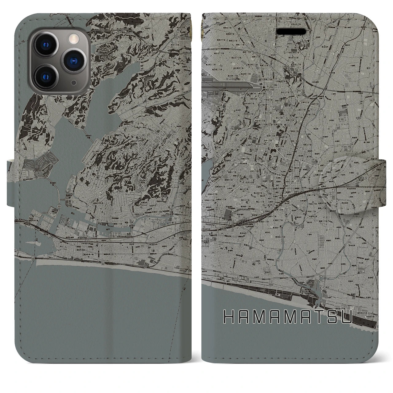 【浜松(静岡県)】地図柄iPhoneケース(手帳タイプ)モノトーン・iPhone 11 Pro Max 用