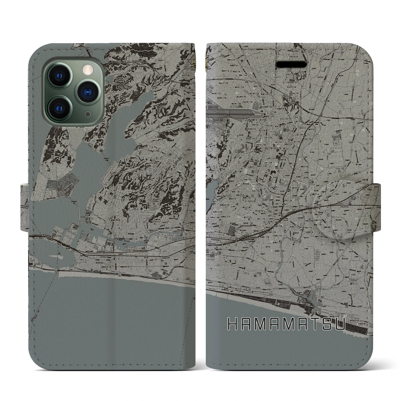 【浜松(静岡県)】地図柄iPhoneケース(手帳タイプ)モノトーン・iPhone 11 Pro 用