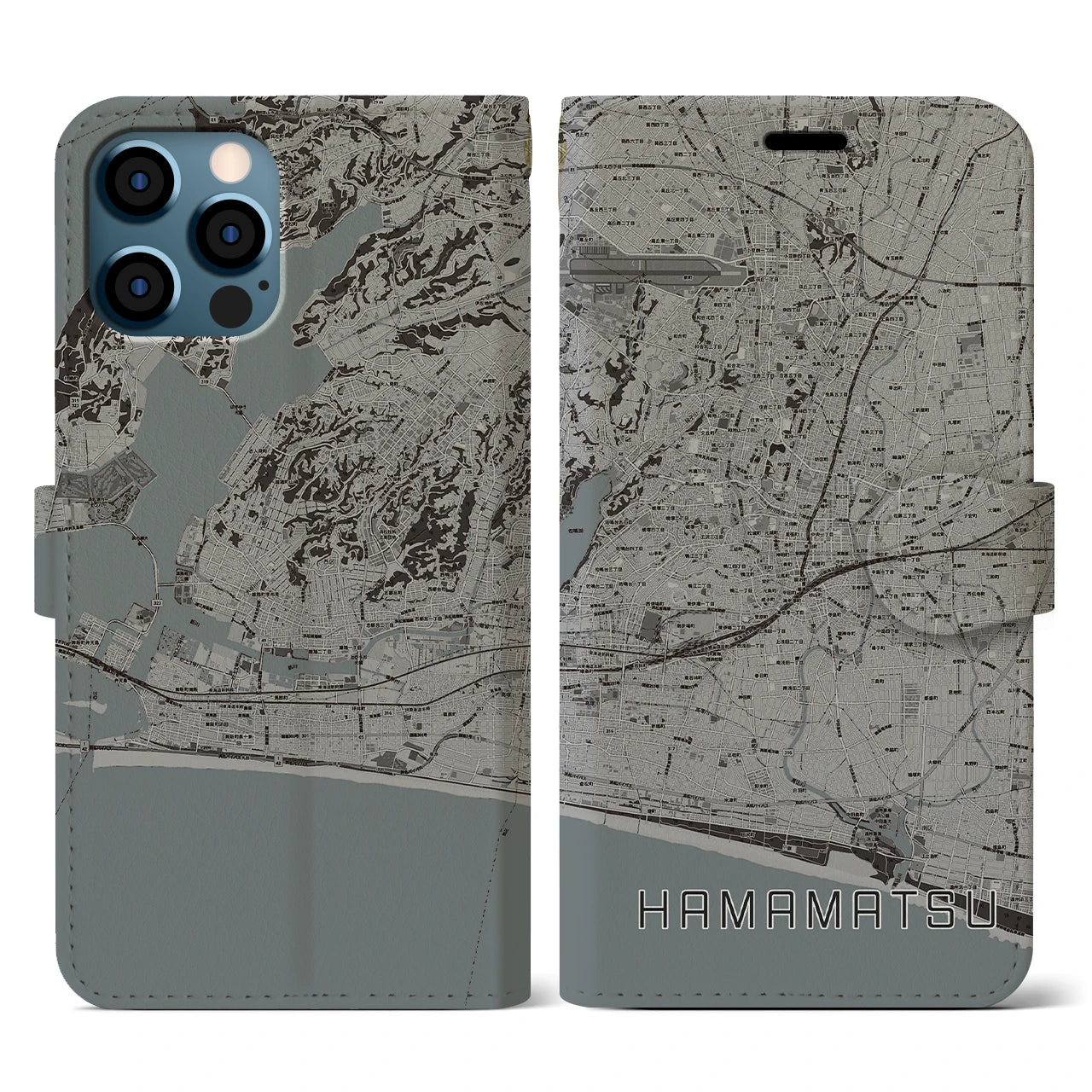 【浜松(静岡県)】地図柄iPhoneケース(手帳タイプ)モノトーン・iPhone 12 / 12 Pro 用