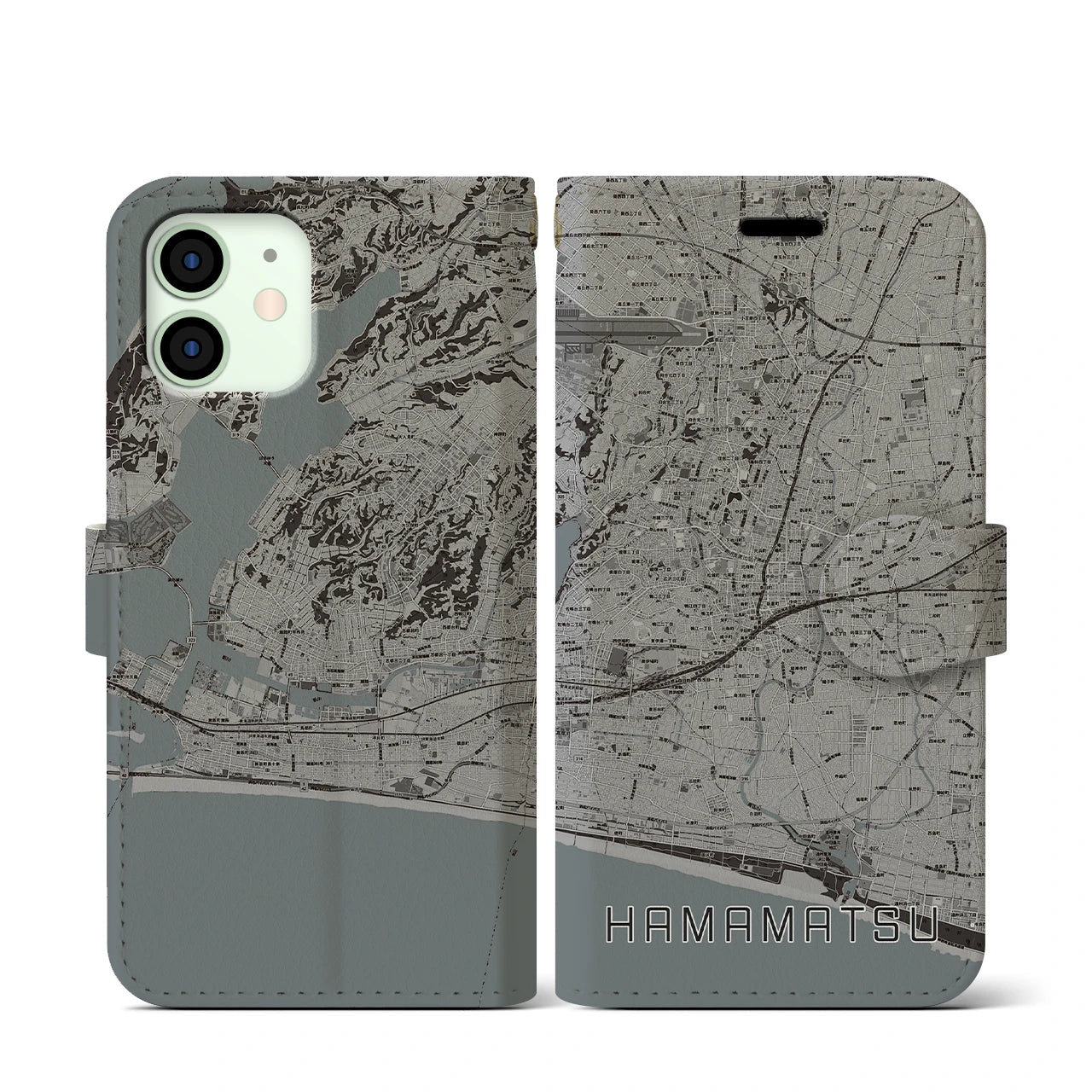 【浜松(静岡県)】地図柄iPhoneケース(手帳タイプ)モノトーン・iPhone 12 mini 用