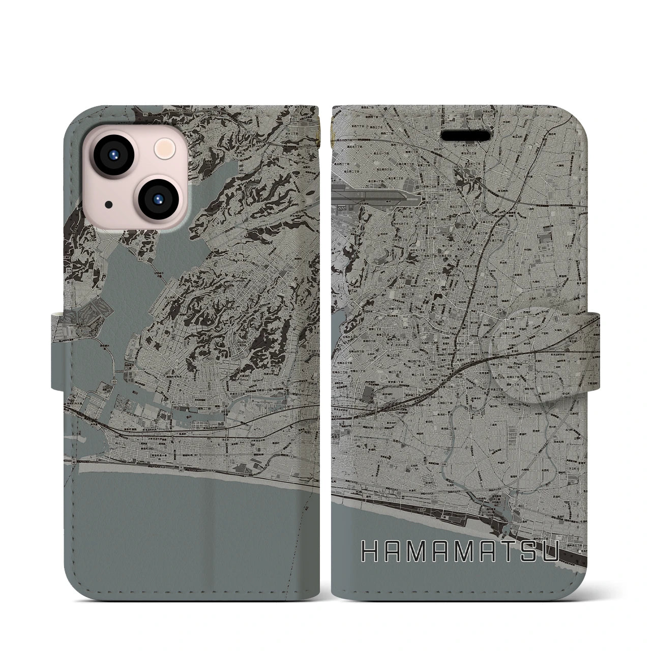【浜松(静岡県)】地図柄iPhoneケース(手帳タイプ)モノトーン・iPhone 13 mini 用