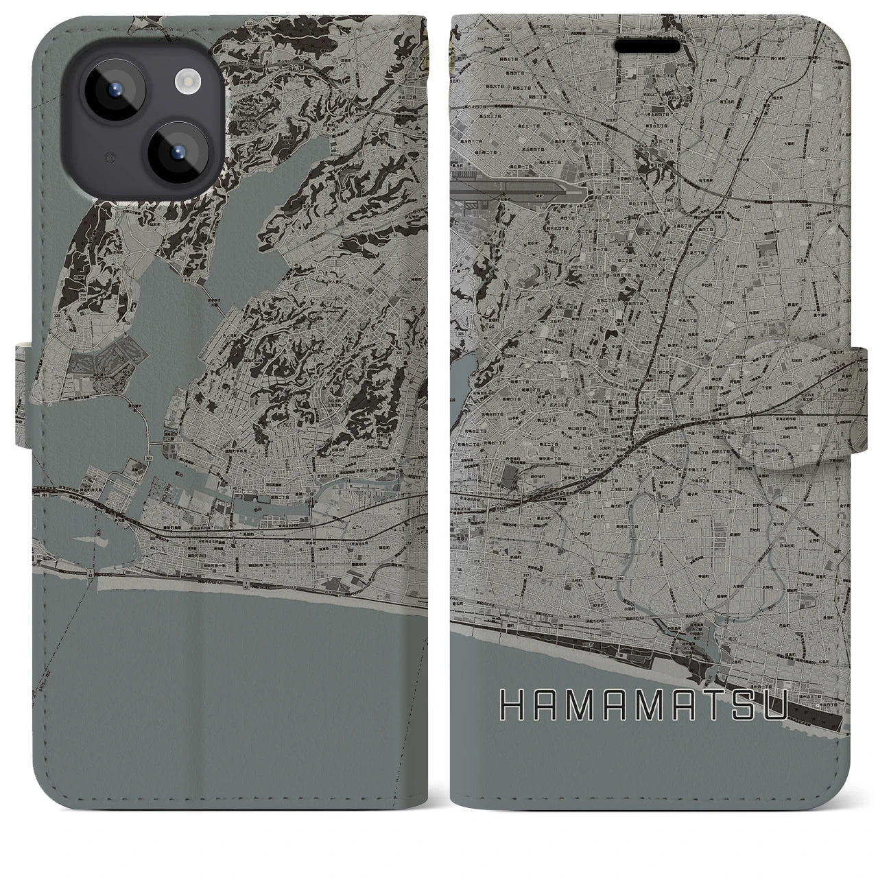 【浜松(静岡県)】地図柄iPhoneケース(手帳タイプ)モノトーン・iPhone 14 Plus 用