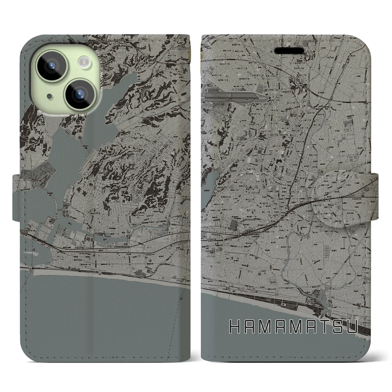 【浜松(静岡県)】地図柄iPhoneケース(手帳タイプ)モノトーン・iPhone 15 用
