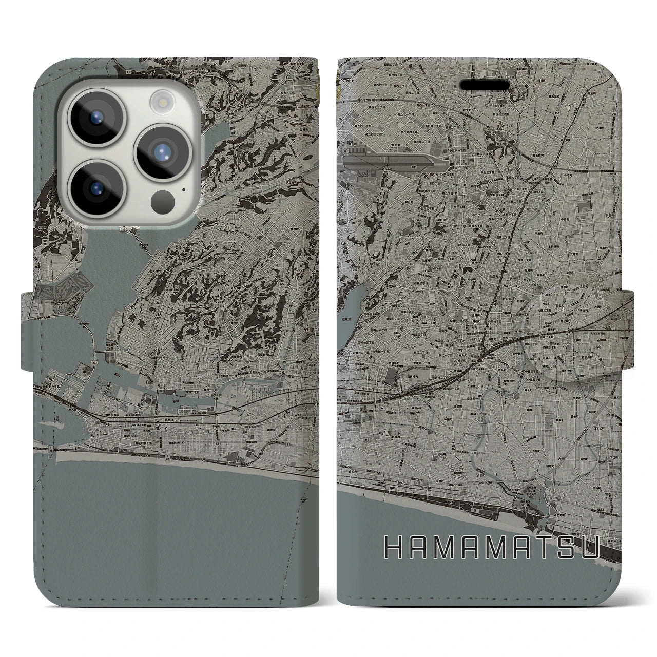 【浜松(静岡県)】地図柄iPhoneケース(手帳タイプ)モノトーン・iPhone 15 Pro 用