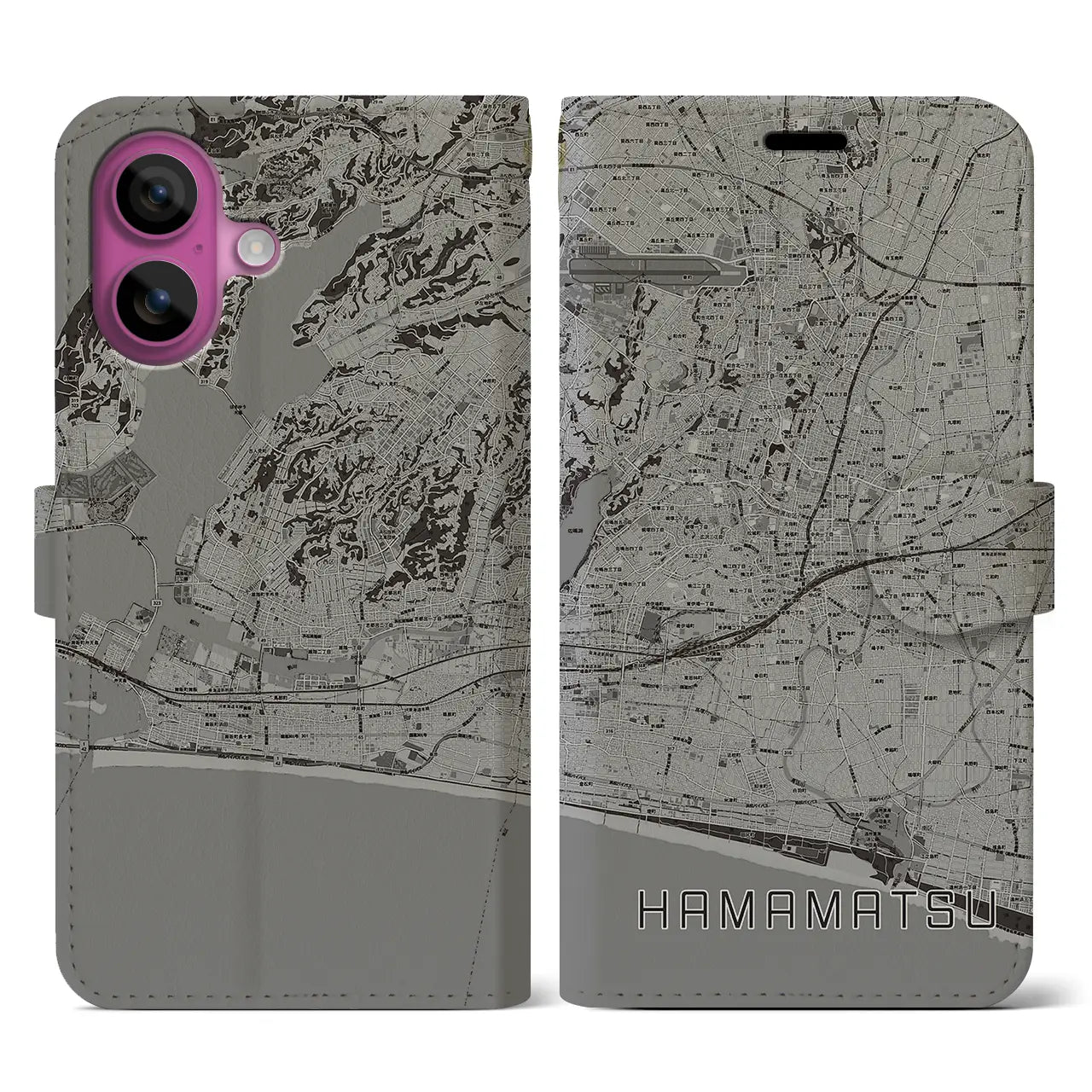 【浜松(静岡県)】地図柄iPhoneケース(手帳タイプ)モノトーン・iPhone 16 Pro 用